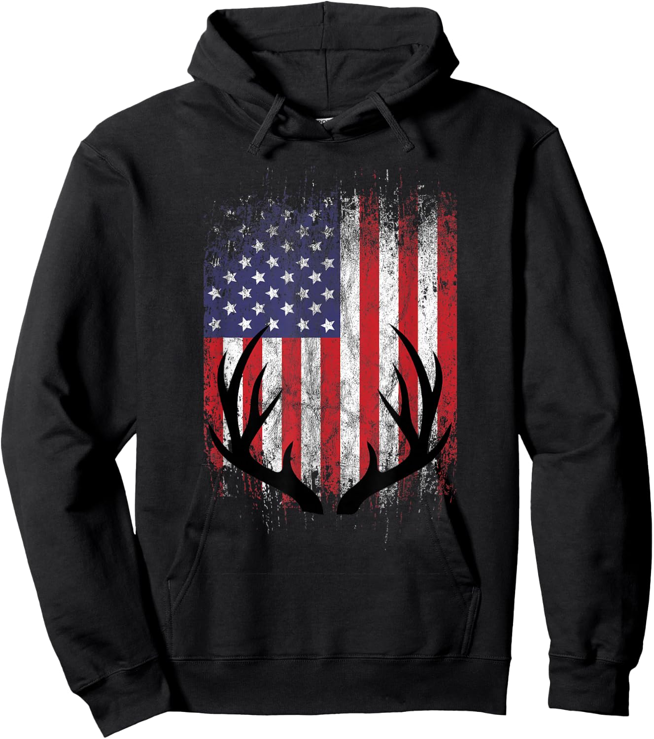 Deer Hunting American Flag Whitetail Buck Antlers Short Sleeve Hoodie - Hoodie | Black