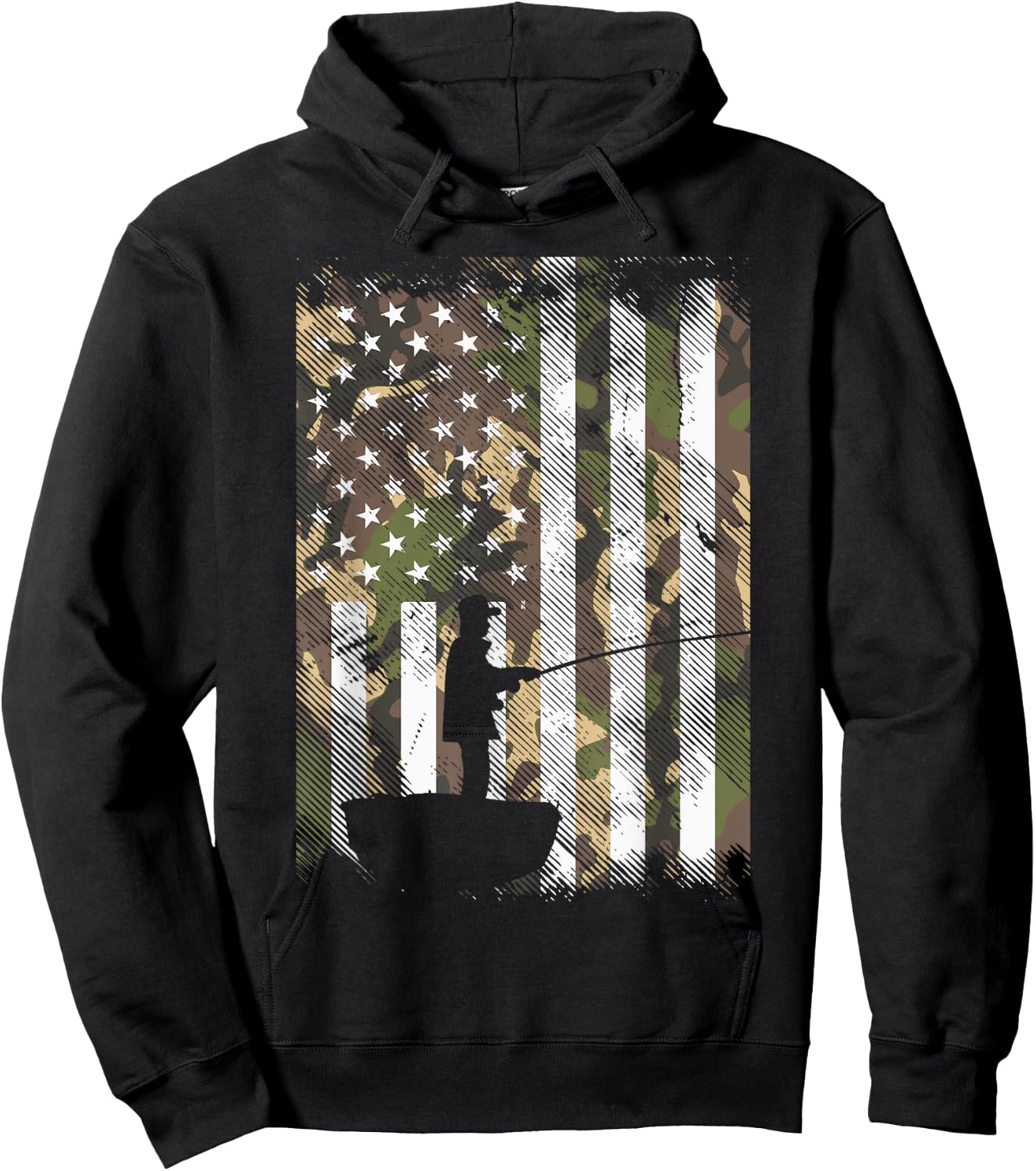 BoredKoalas Camo US Flag Fisherman Vintage Fishing Patriotic Angler Gift - Adult, Black, Small, Short Sleeve, Classic Fit Hoodie - Hoodie | Black