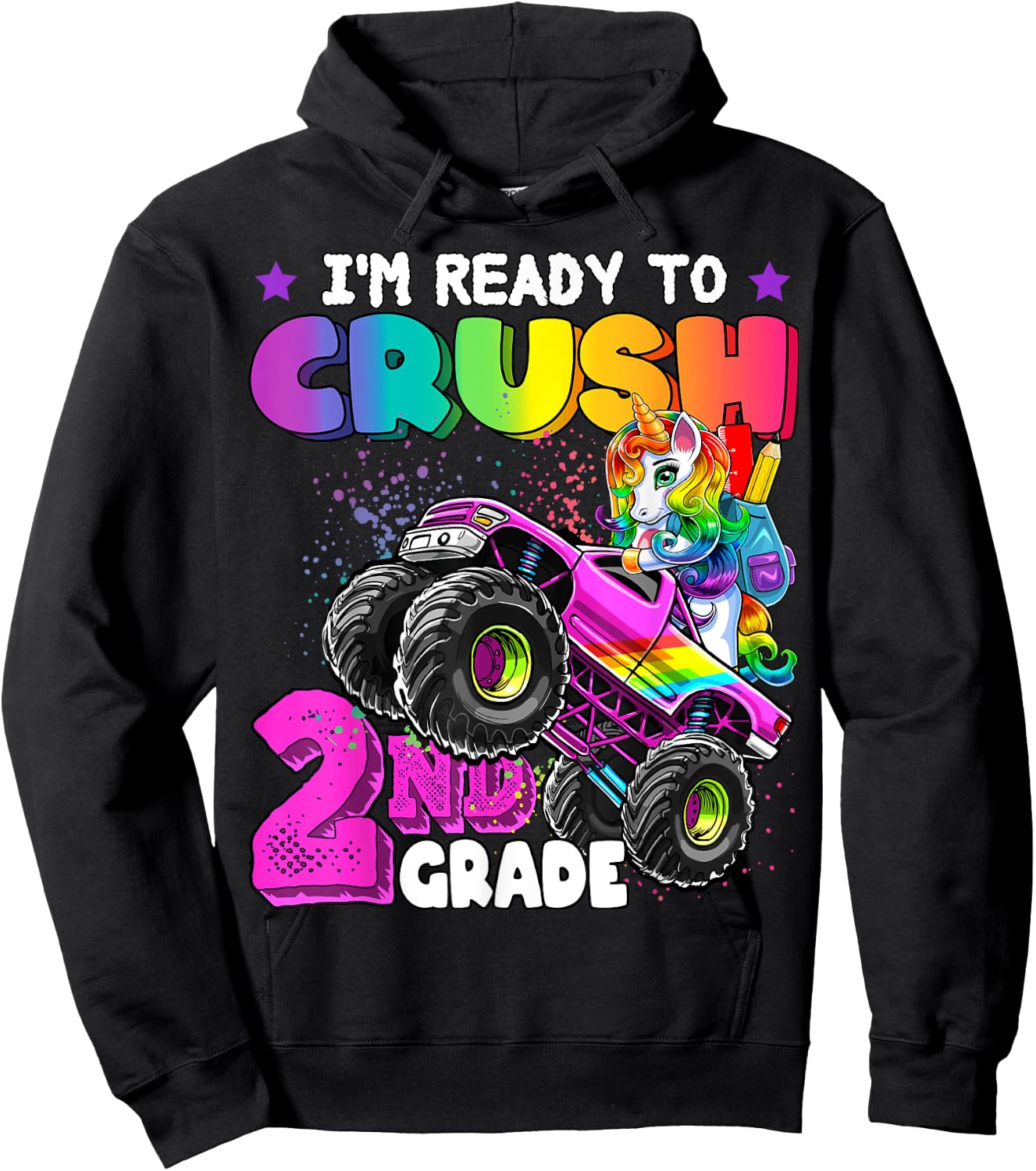2nd Grade Unicorn Monster Truck Back to School Gift Girls Hoodie - Hoodie | Black
