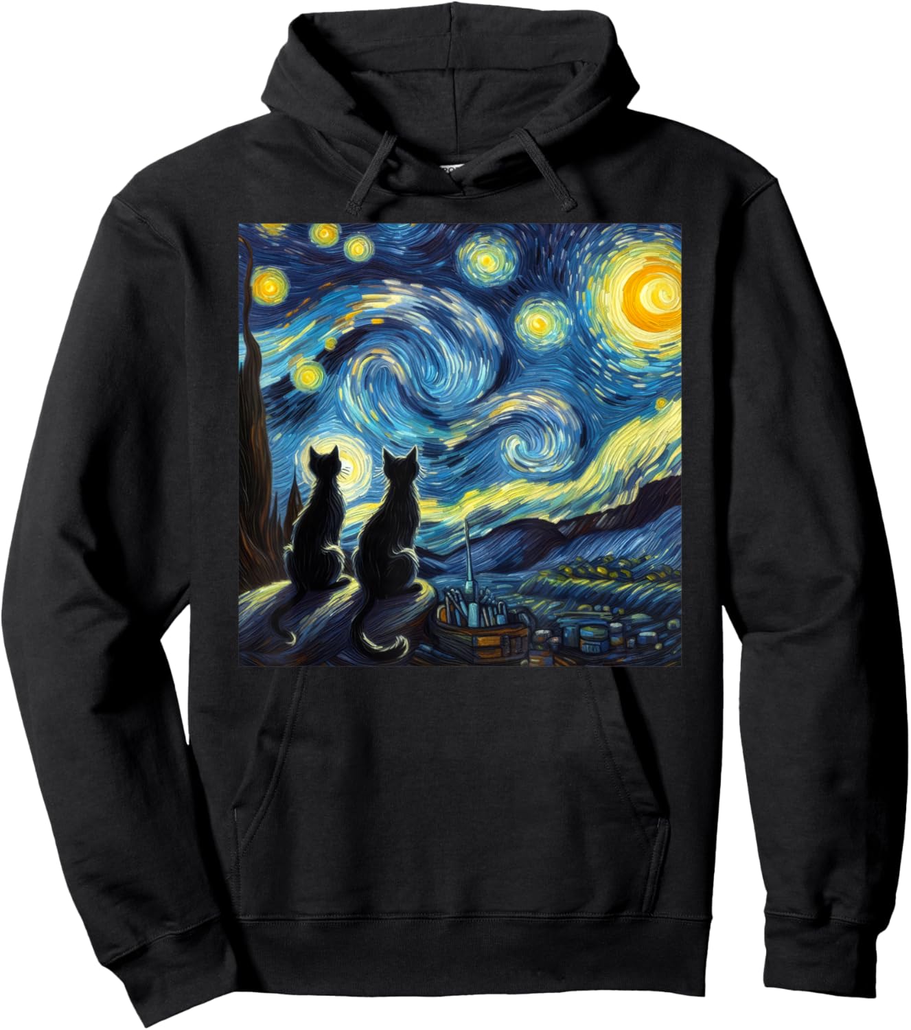 Black Cats Lover Starry Night Van Gogh Hoodie - Hoodie | Black