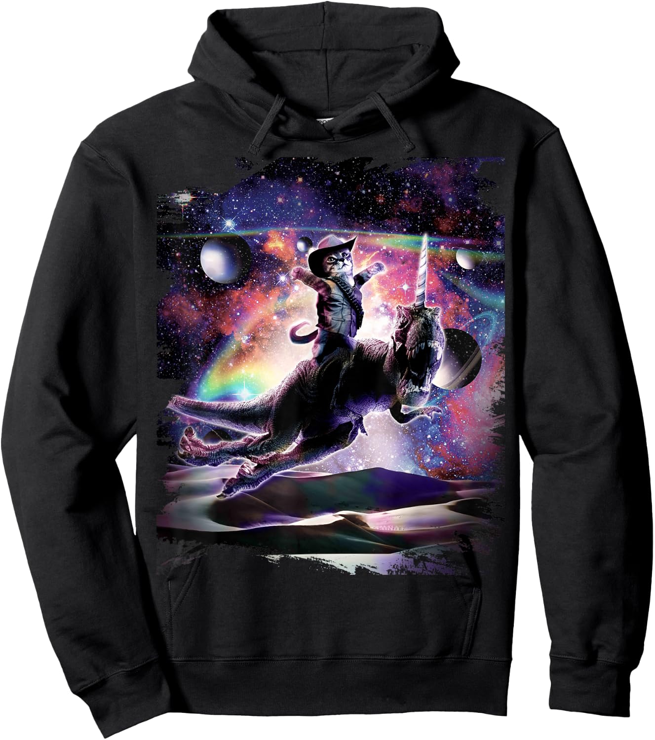 Galaxy Cat On Dinosaur Unicorn In Space Hoodie - Hoodie | Black