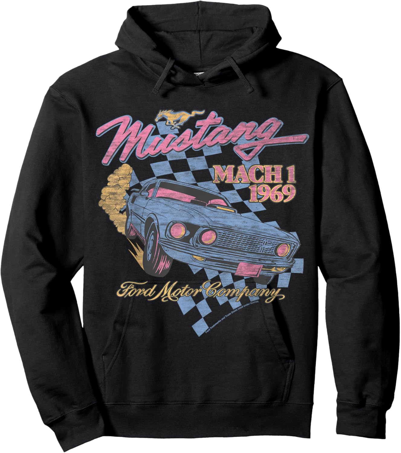 Ford - Blue Mustang Mach 1 1969 Checkered Background Hoodie - Hoodie | Black