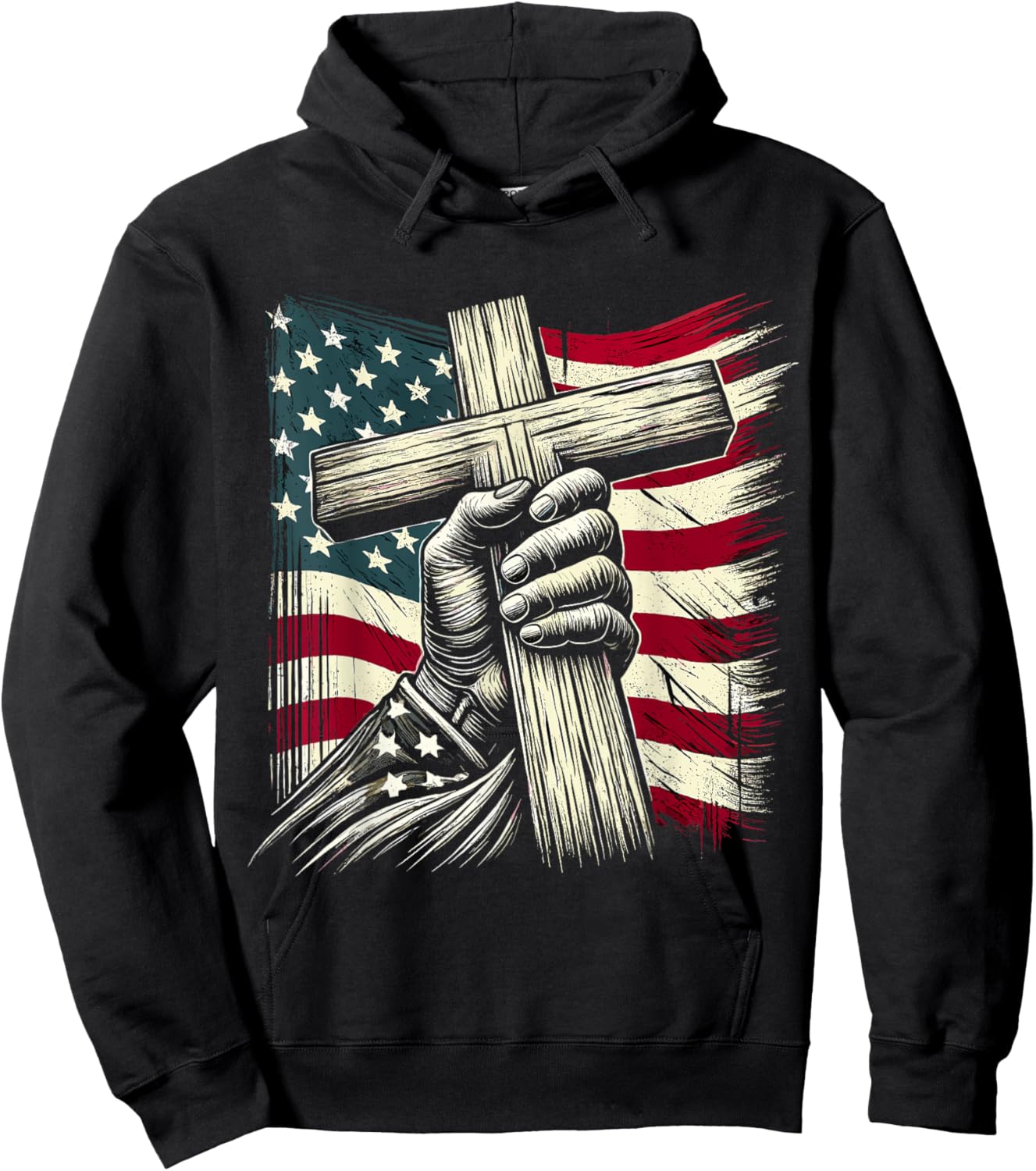 Christian Cross and USA Flag 4th of July Jesus Hoodie - Hoodie | Black
