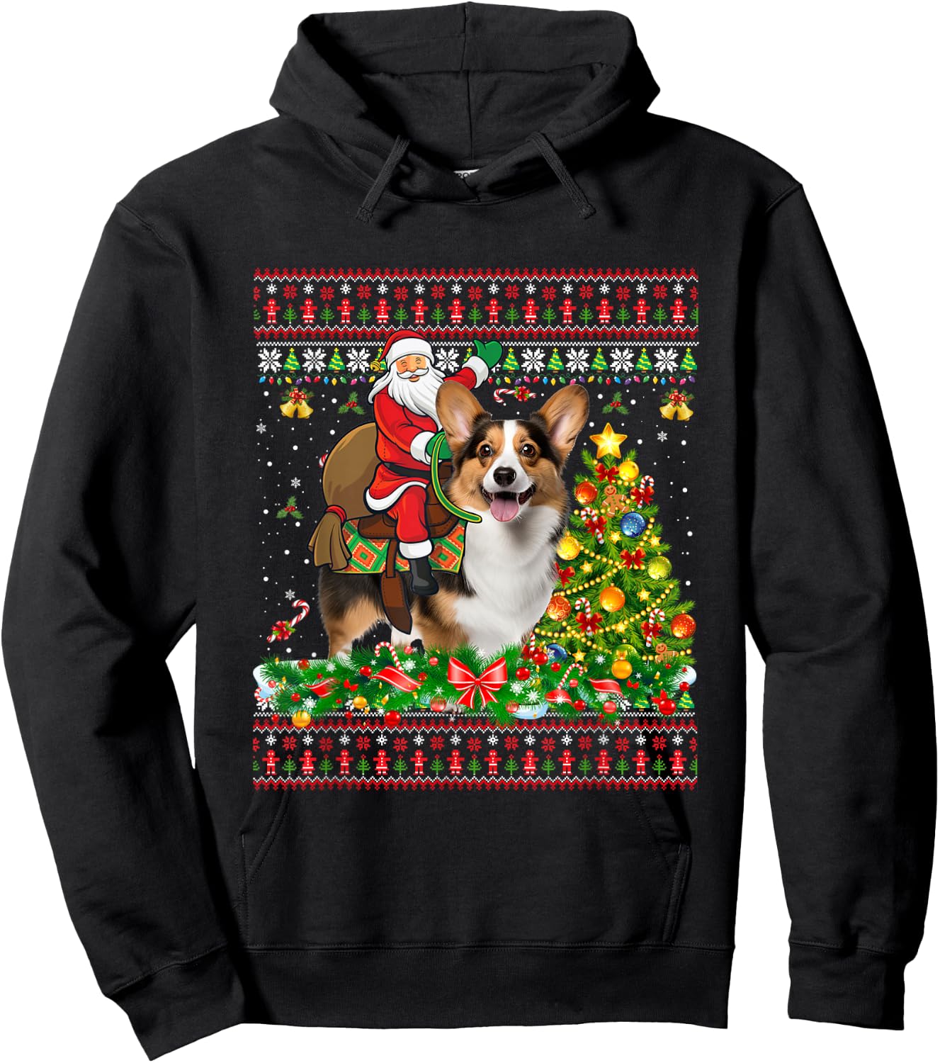 Xmas Sweater Ugly Santa Riding Corgi Dog Christmas Hoodie - Hoodie | Black