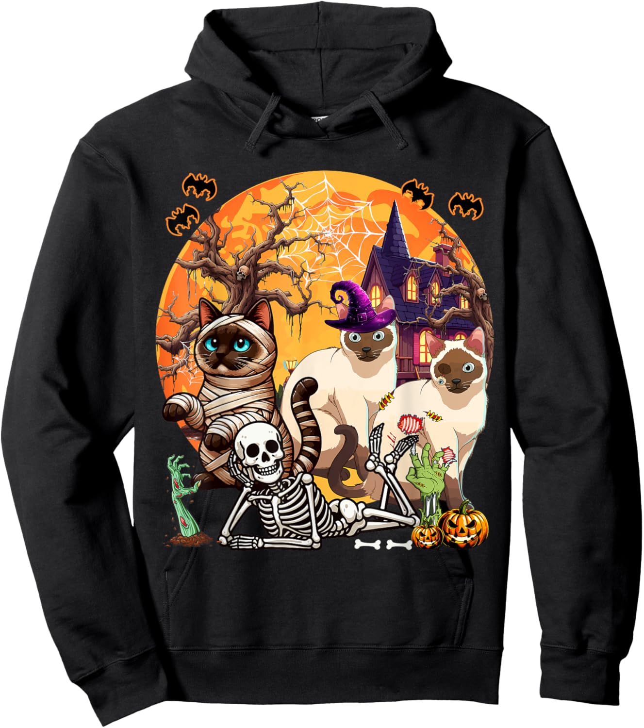 Three Horror Siamese Cats Cosplay Witch Halloween Skeleton Hoodie - Hoodie | Black