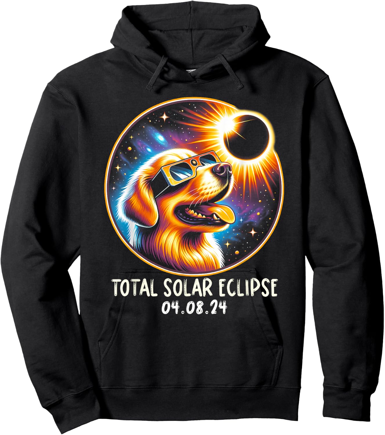 Solar Eclipse Golden Retriever Wearing Glasses April 8 2024 Hoodie - Hoodie | Black