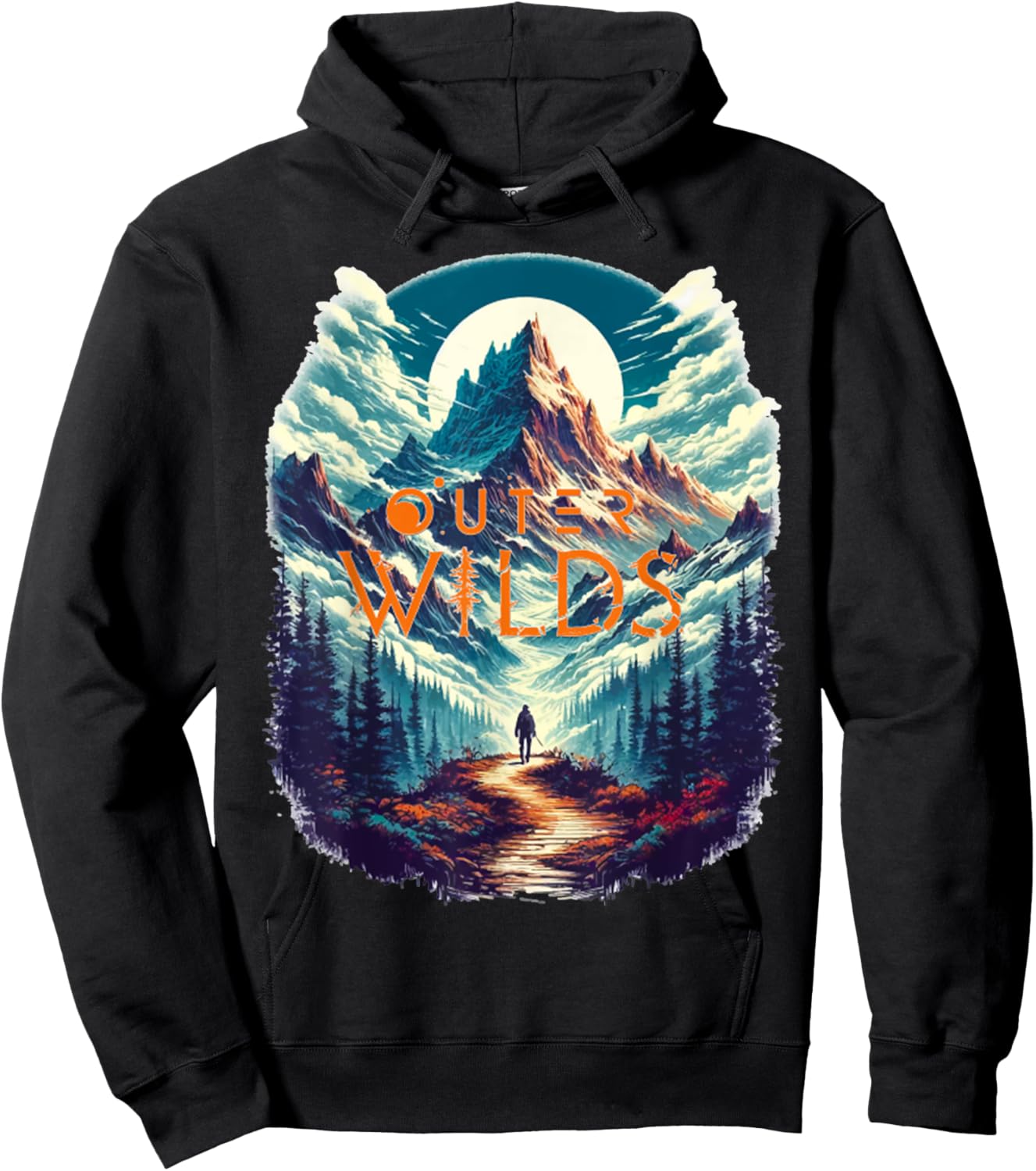 Retro Outer Wilds Text Moon Mountain Forest Tree House Sun Hoodie - Hoodie | Black