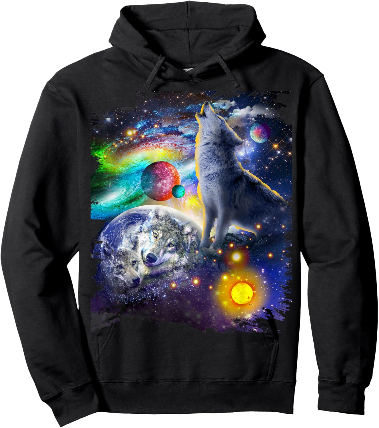 Cosmic Space Wolf, Wolves Family Howling, Reflections Hoodie - Hoodie | Black