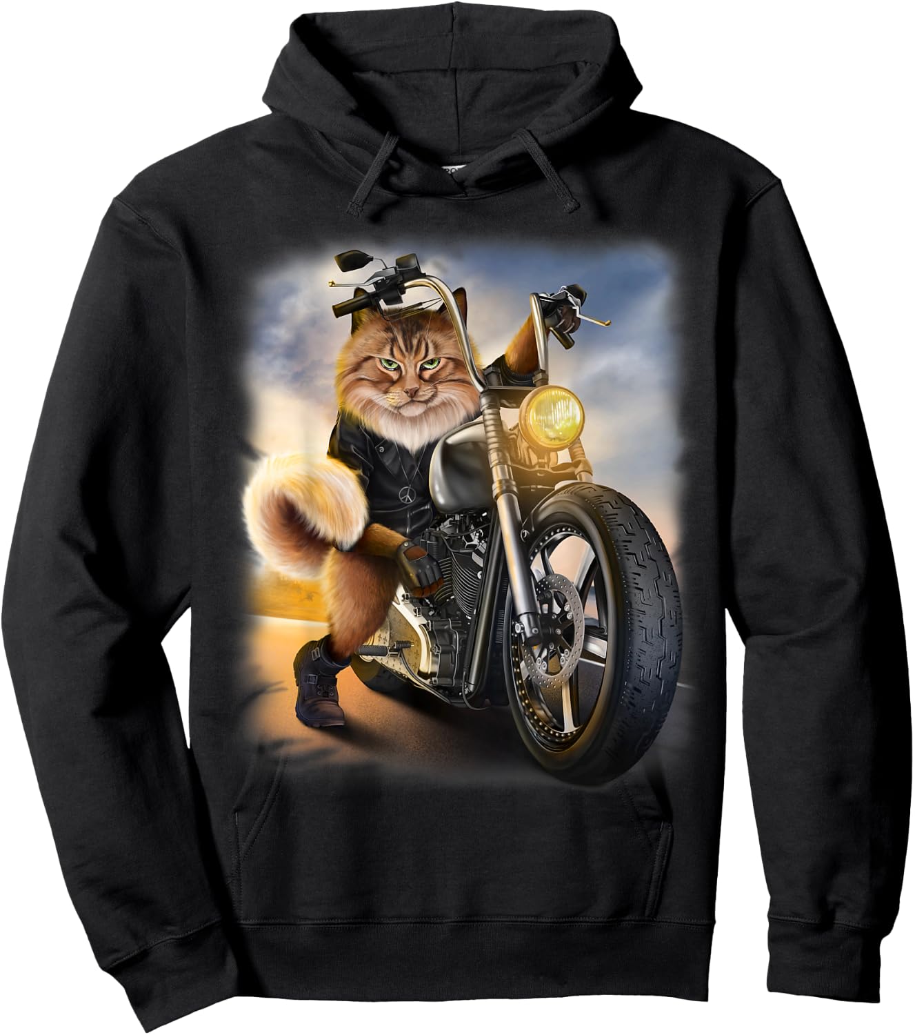 Biker Tabby Cat Riding Chopper Motorcycle Women Kids Hoodie - Hoodie | Black