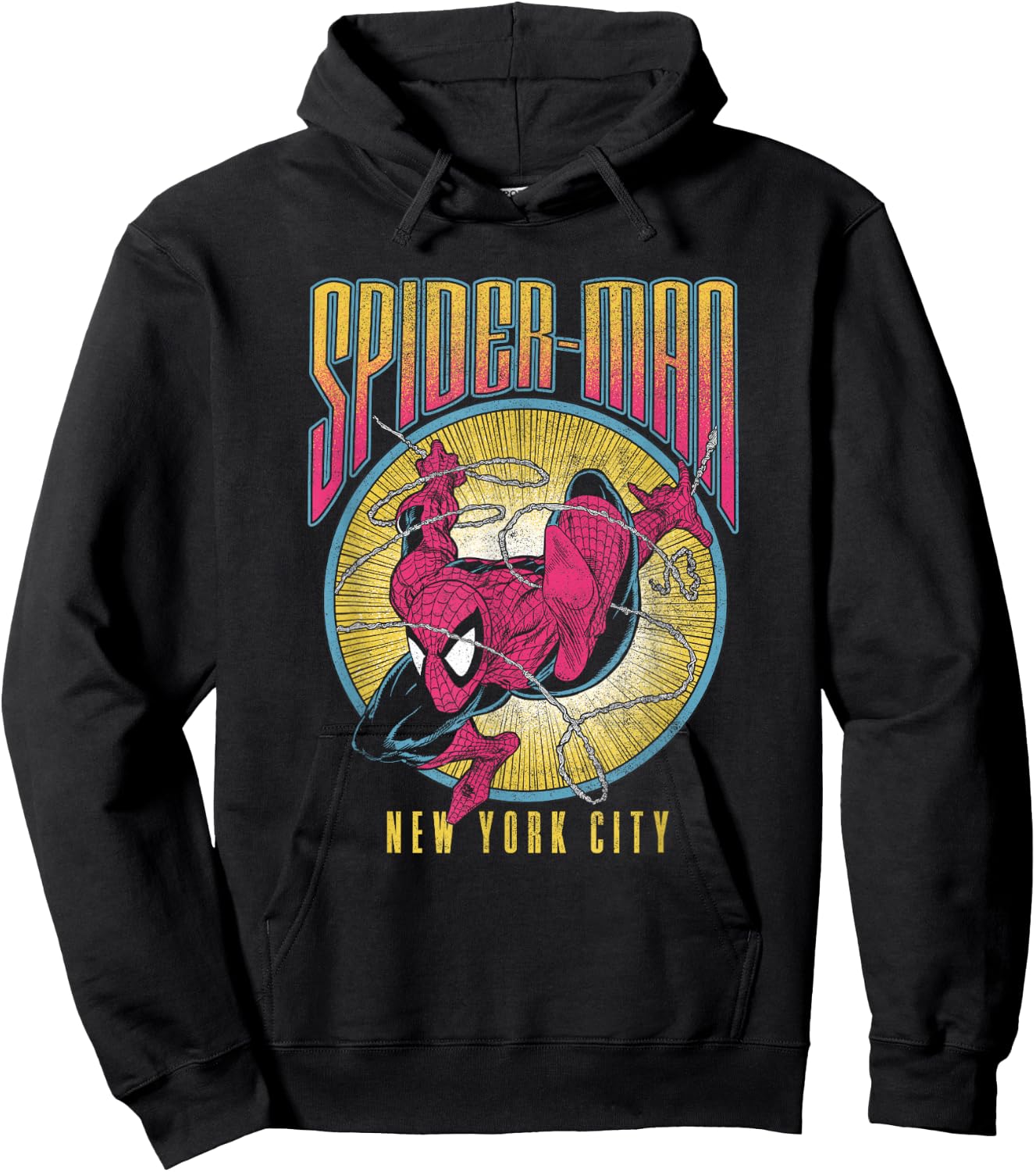 Marvel Spider-Man Swinging Through NYC Distressed Big Poster Hoodie - Hoodie | Black