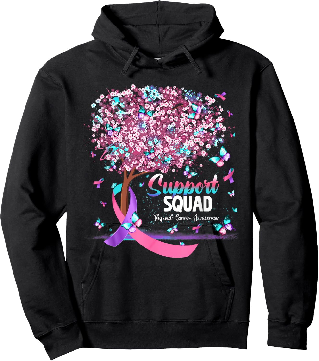 Support Squad Butterfly Purple Pink Ribbon Thyroid Cancer Hoodie - Hoodie | Black