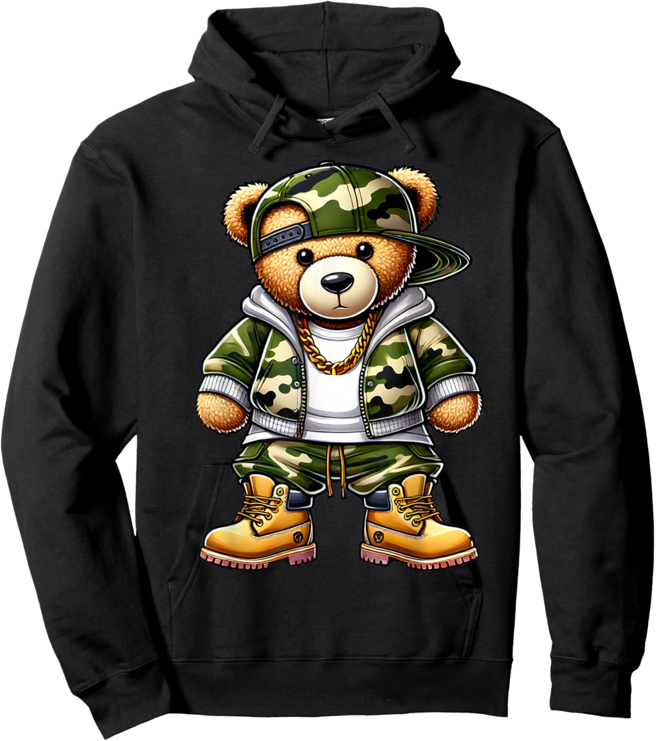 Camo Hip Hop Teddy Bear Camouflage Gangsta Streetwear Hustle Hoodie - Hoodie | Black