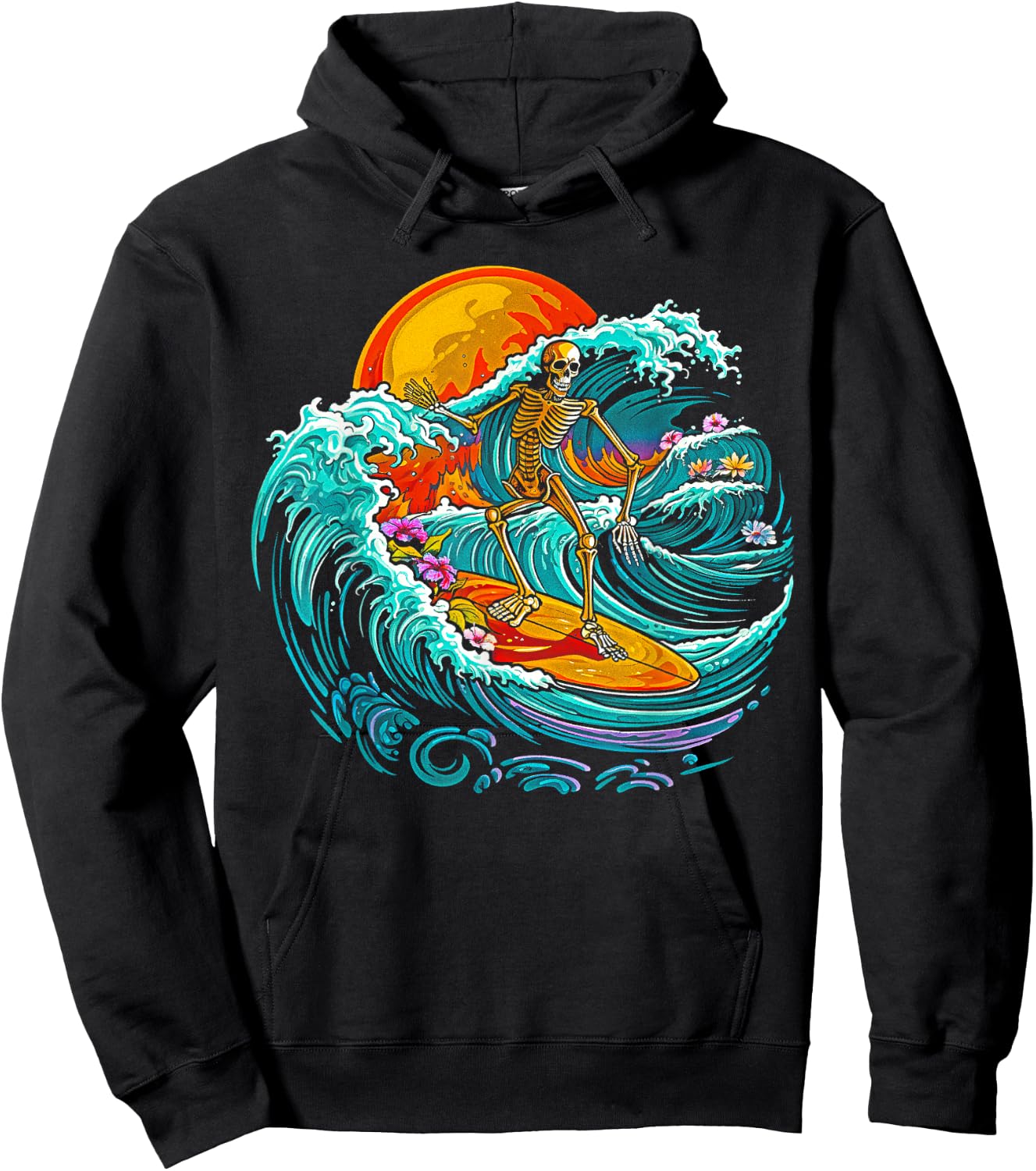 Skull Skeleton Surfer Wave Beach Vintage Funny 80s 80s Hoodie - Hoodie | Black