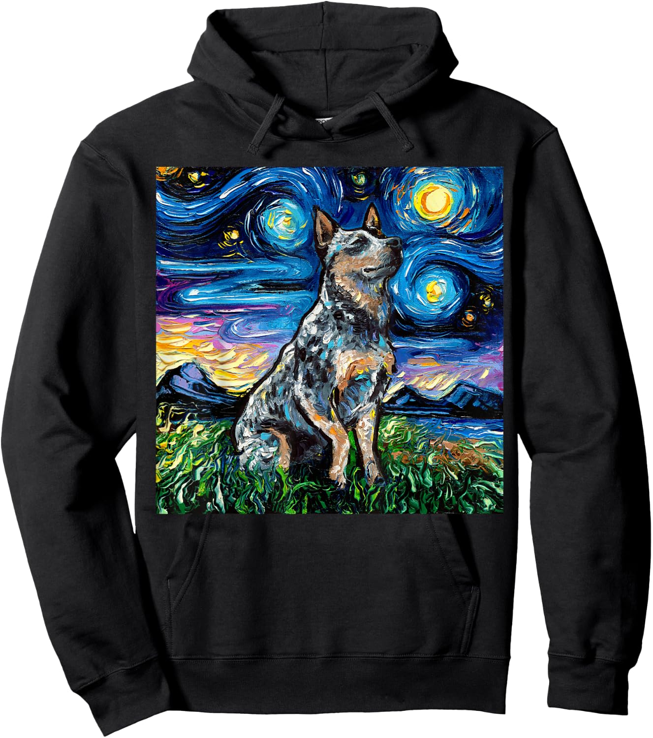 Blue Heeler Starry Night Australian Cattle Dog Art by Aja Hoodie - Hoodie | Black