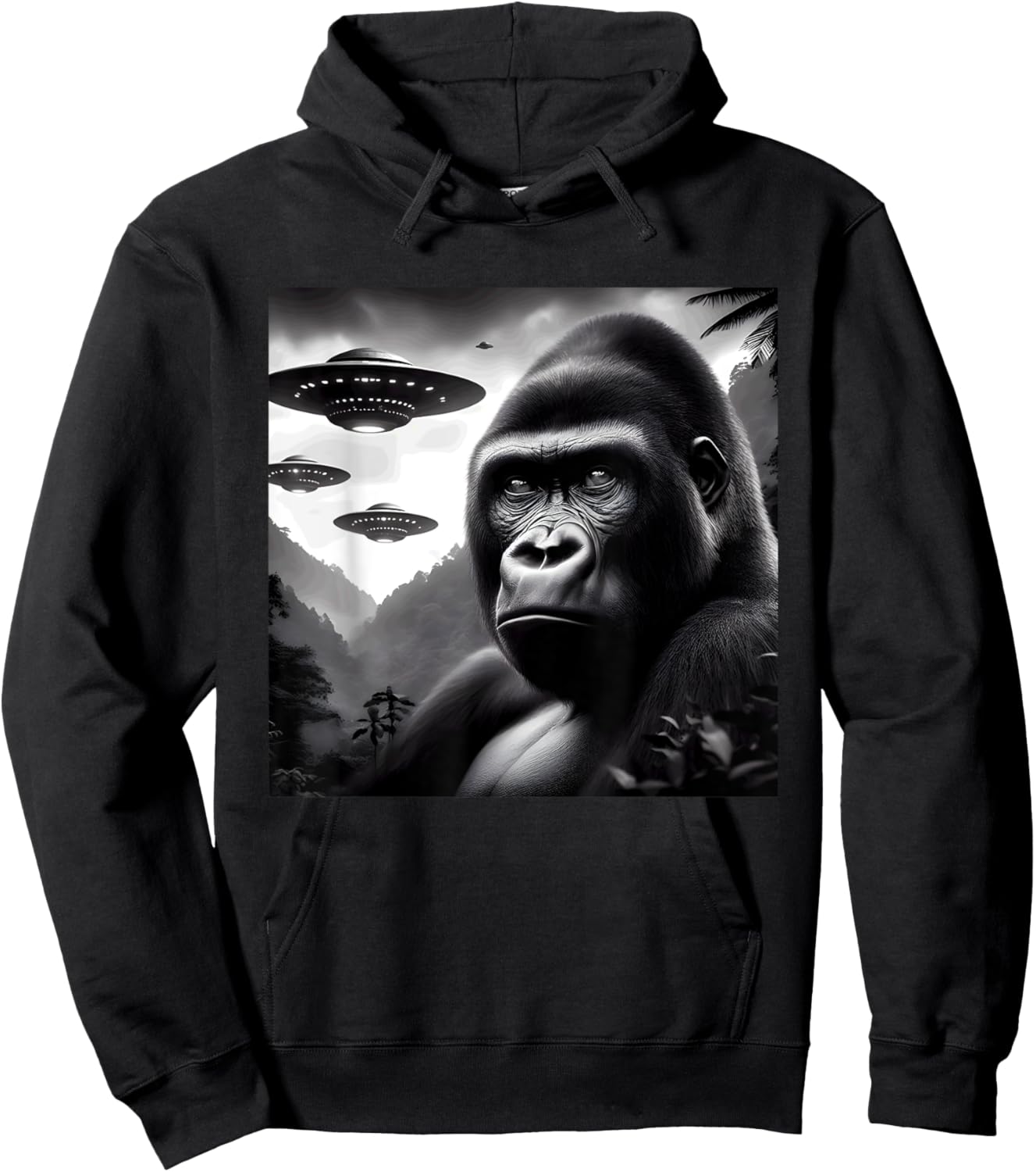 Gorilla Monkey Funny Graphic Selfie with UFOs Weird Aliens Hoodie - Hoodie | Black