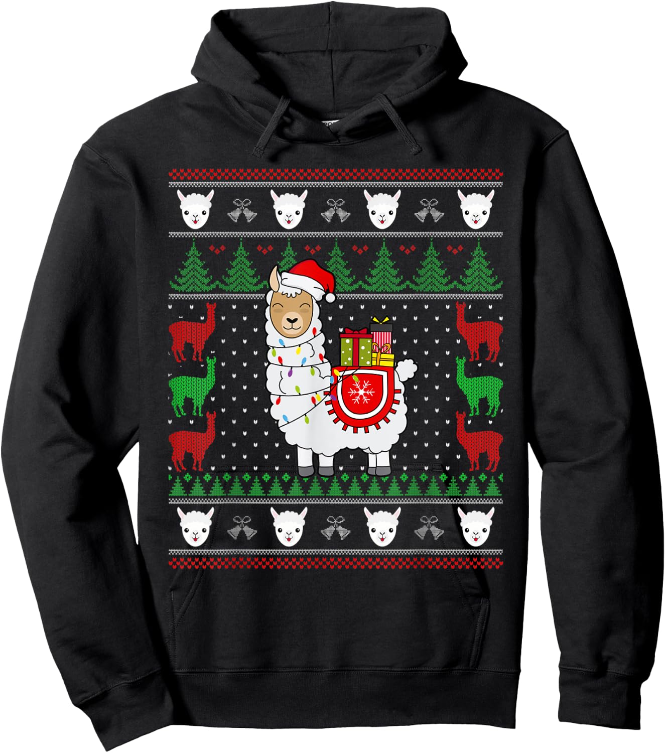 Christmas Llama Santa Hat Cute Ugly Xmas Sweater Funny Gift Hoodie - Hoodie | Black