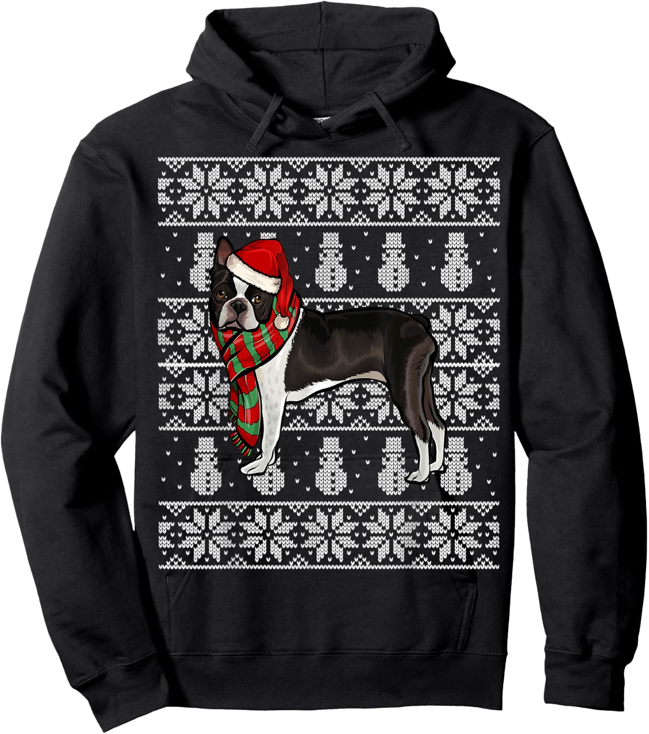 Santa Hat Xmas Boston Terrier Ugly Christmas Hoodie - Hoodie | Black