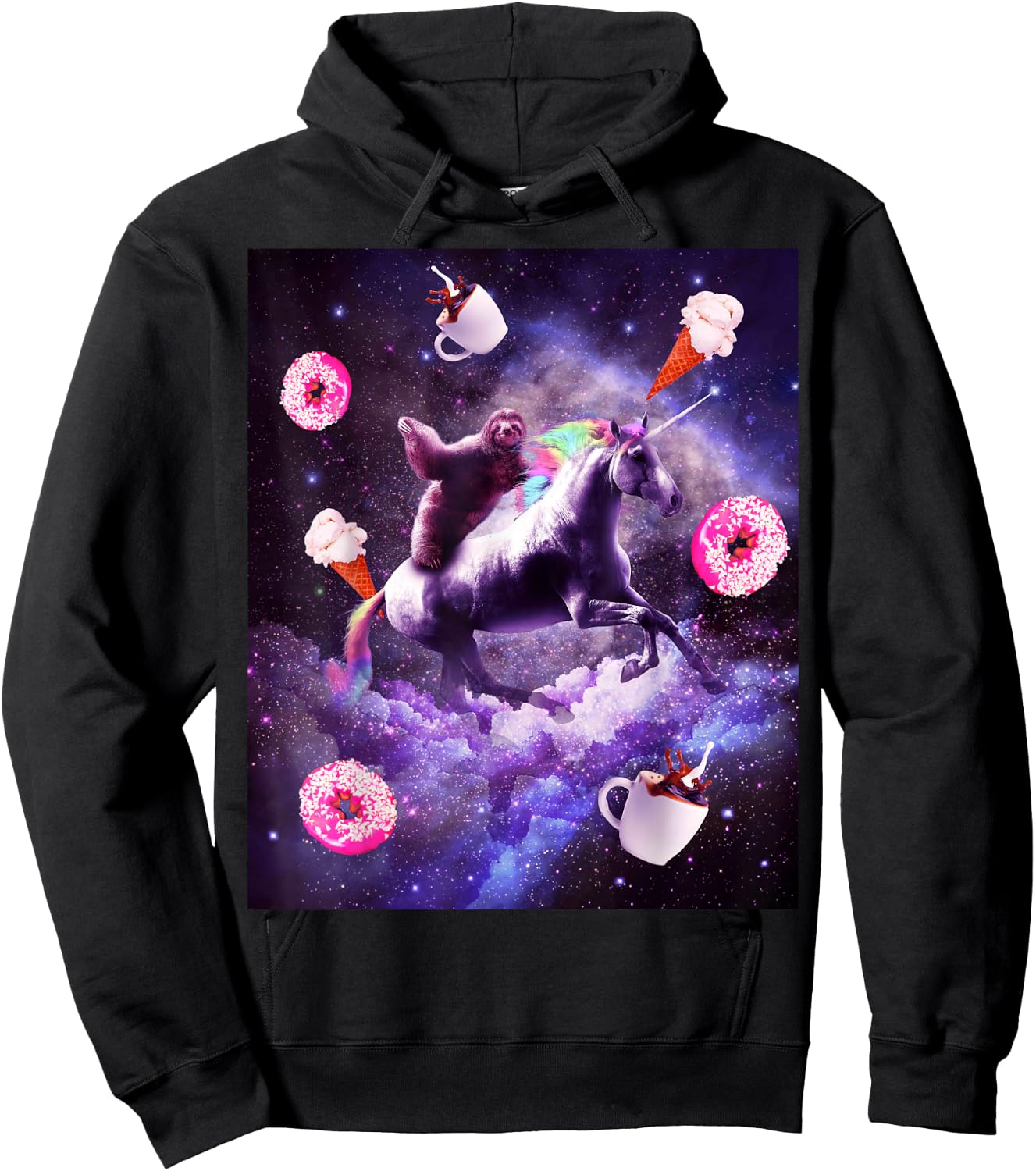 Outer Space Sloth Riding Unicorn - Donut Hoodie - Hoodie | Black