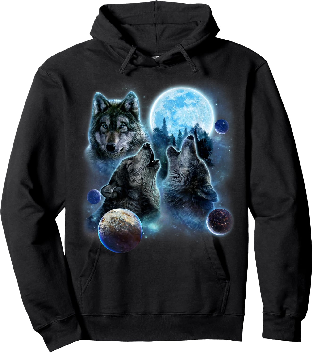 Three Wolf Howling and Moon Hoodie - Hoodie | Black