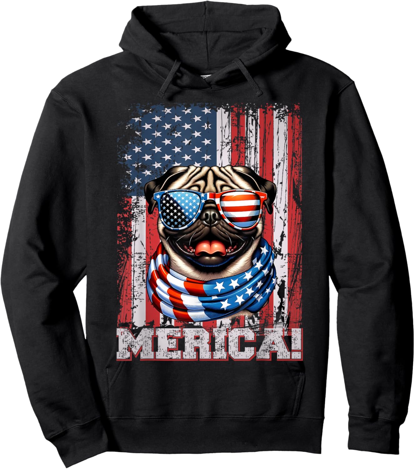Pug Dog Lover US Flag 4th Of July Patriotic Hoodie - Hoodie | Black