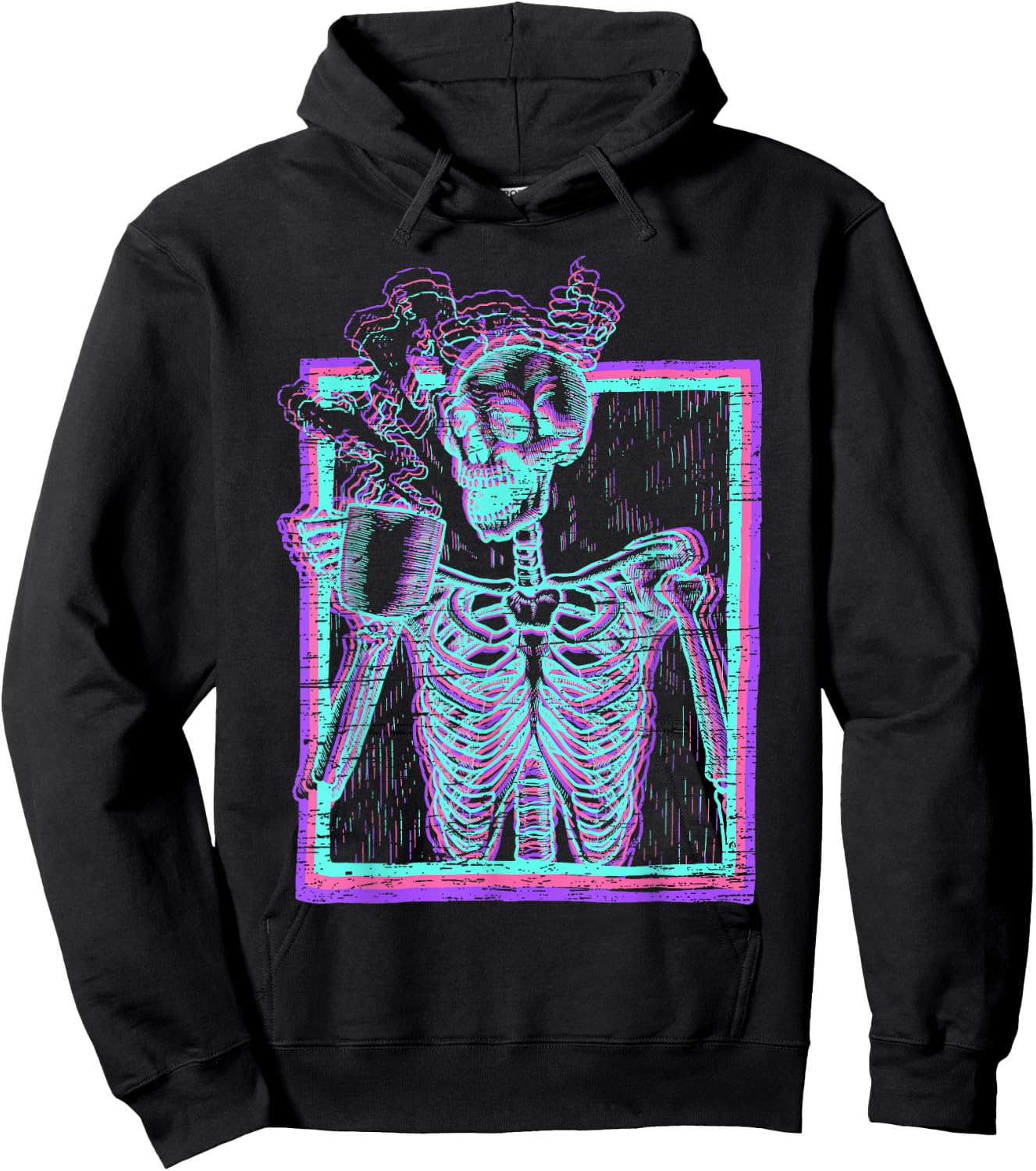 Distressed Synthwave Skeleton Vaporwave Smiling Skull Coffee Hoodie - Hoodie | Black