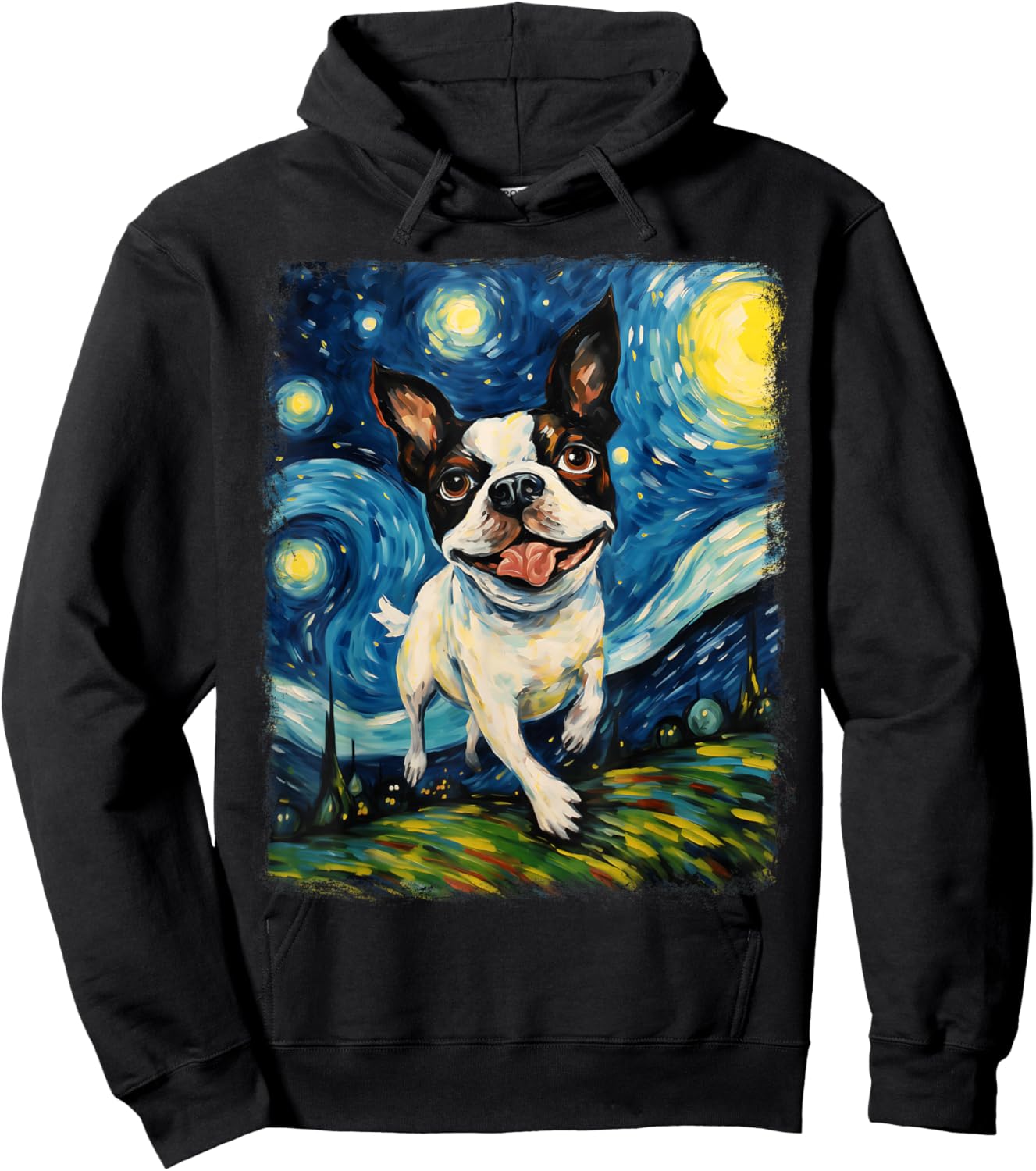 Boston Terrier Dog Starry Night Painting Hoodie - Hoodie | Black