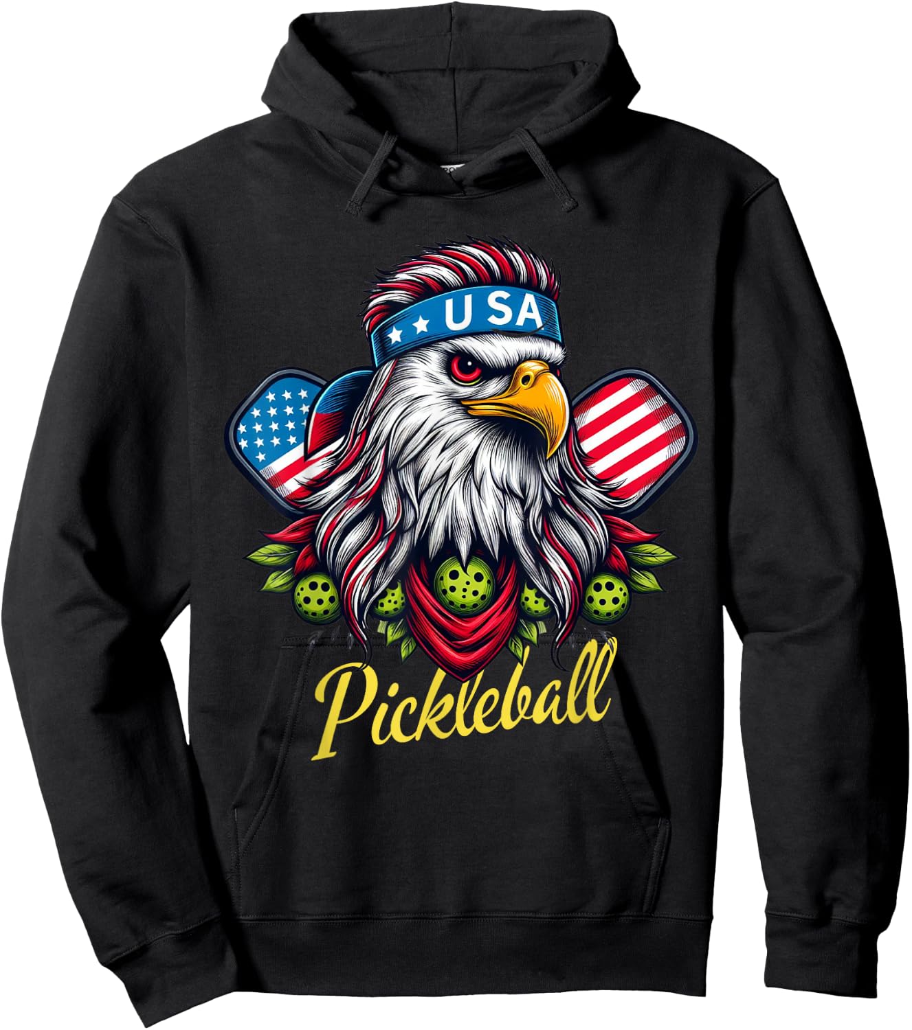 Eagle Mullet Pickleball Lovers 4th of July USA American Flag Hoodie - Hoodie | Black