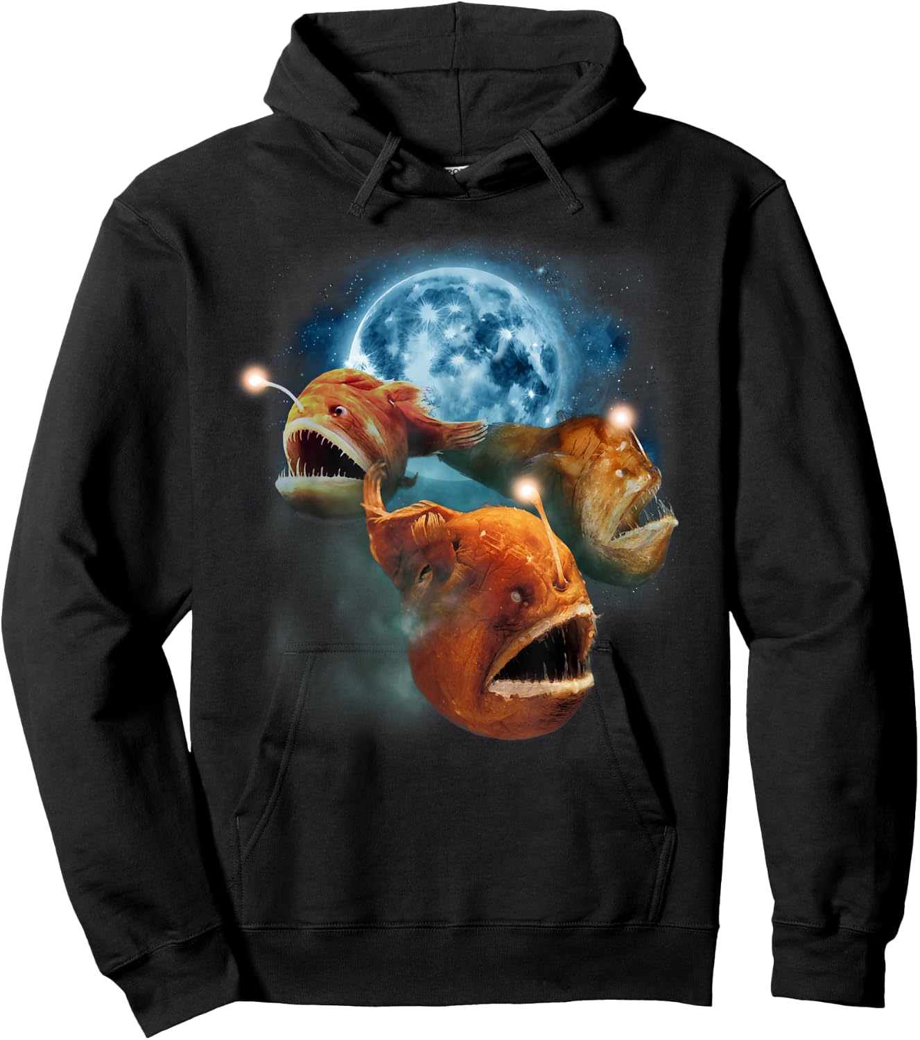 Funny Angler Fish Shirt - Angler Fish Howling at the Moon Hoodie - Hoodie | Black