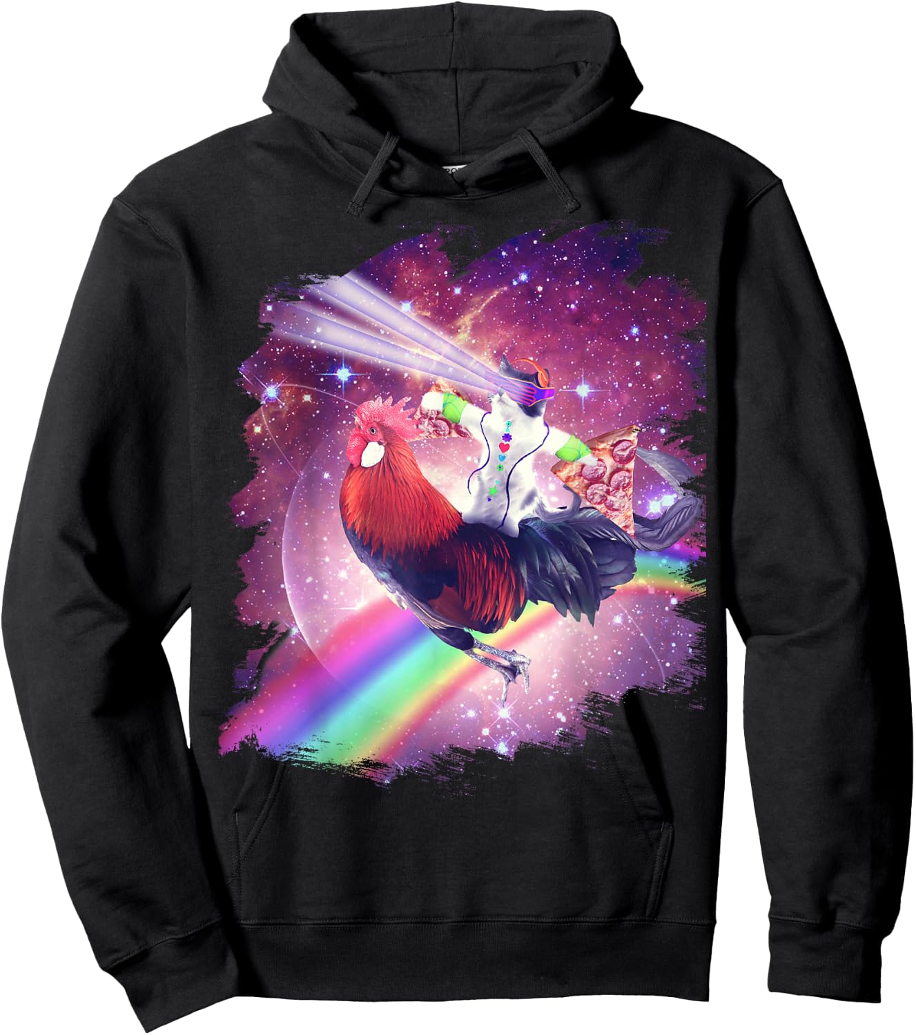 Lazer Rave Space Cat Riding Chicken With Pizza Hoodie - Hoodie | Black