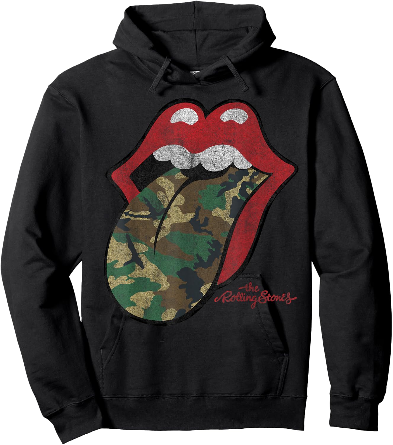 Official Rolling Stones Distressed Camo Tongue Hoodie - Hoodie | Black