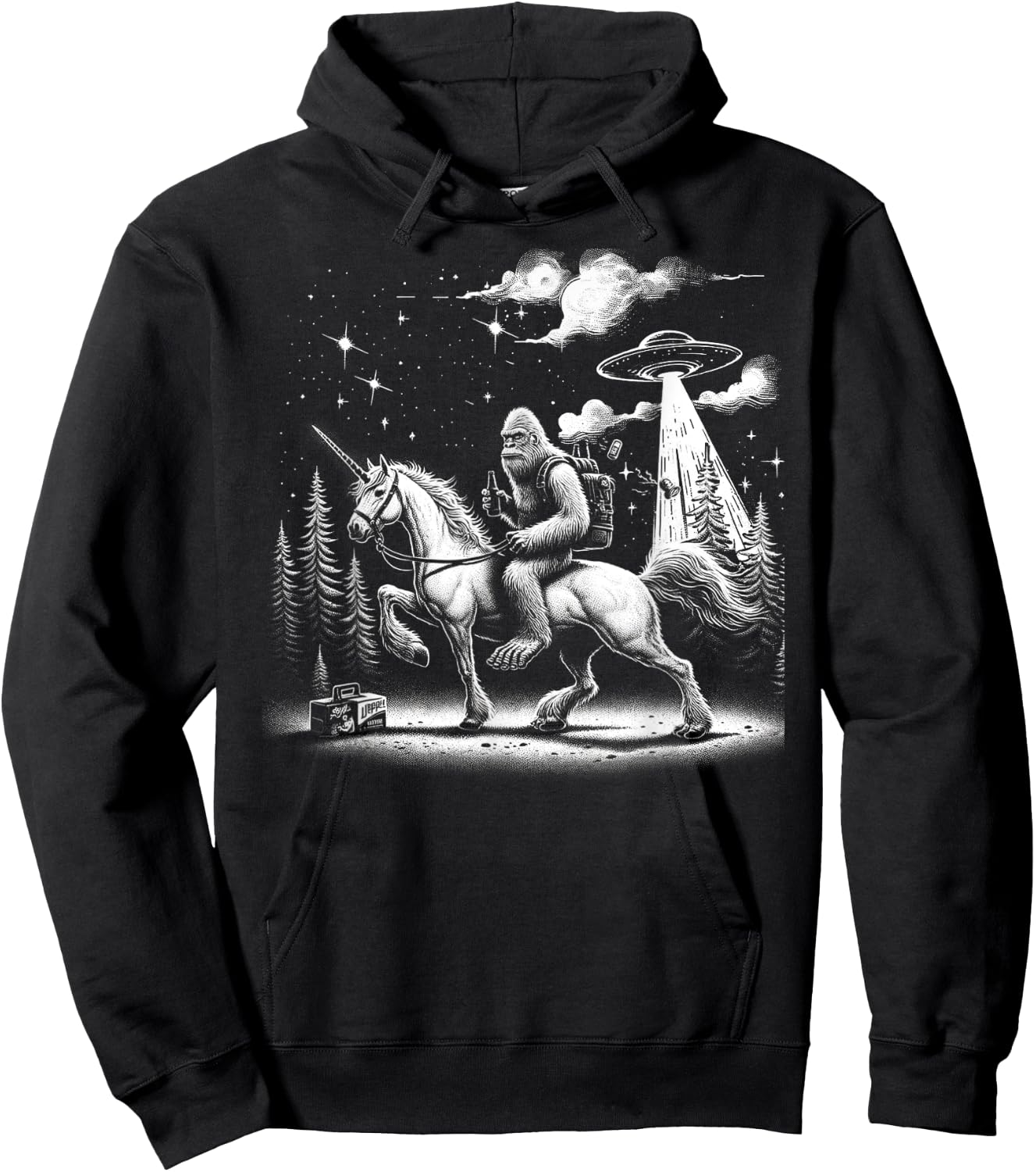 Bigfoot Riding a Unicorn, Full Moon and a UFO Alien Hoodie - Hoodie | Black