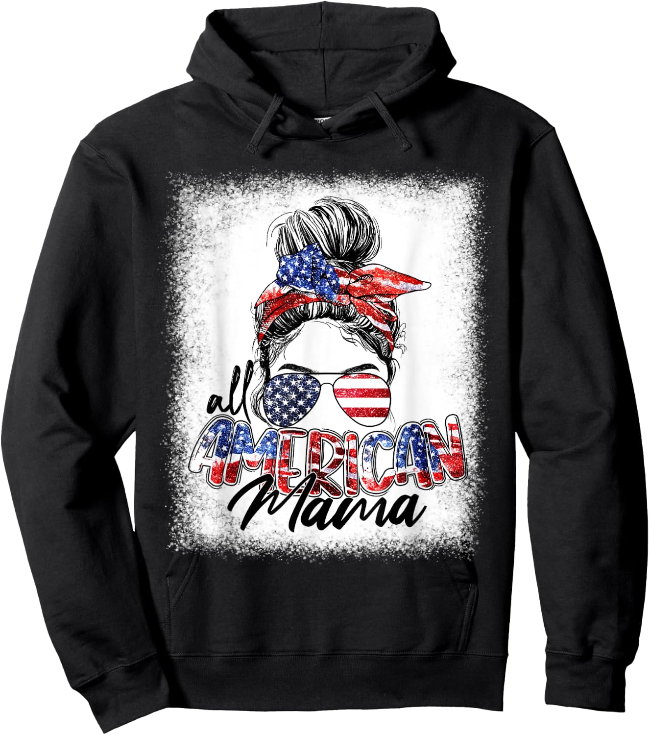 All American Mama Messy Bun Hair Style American Flag Hoodie - Hoodie | Black