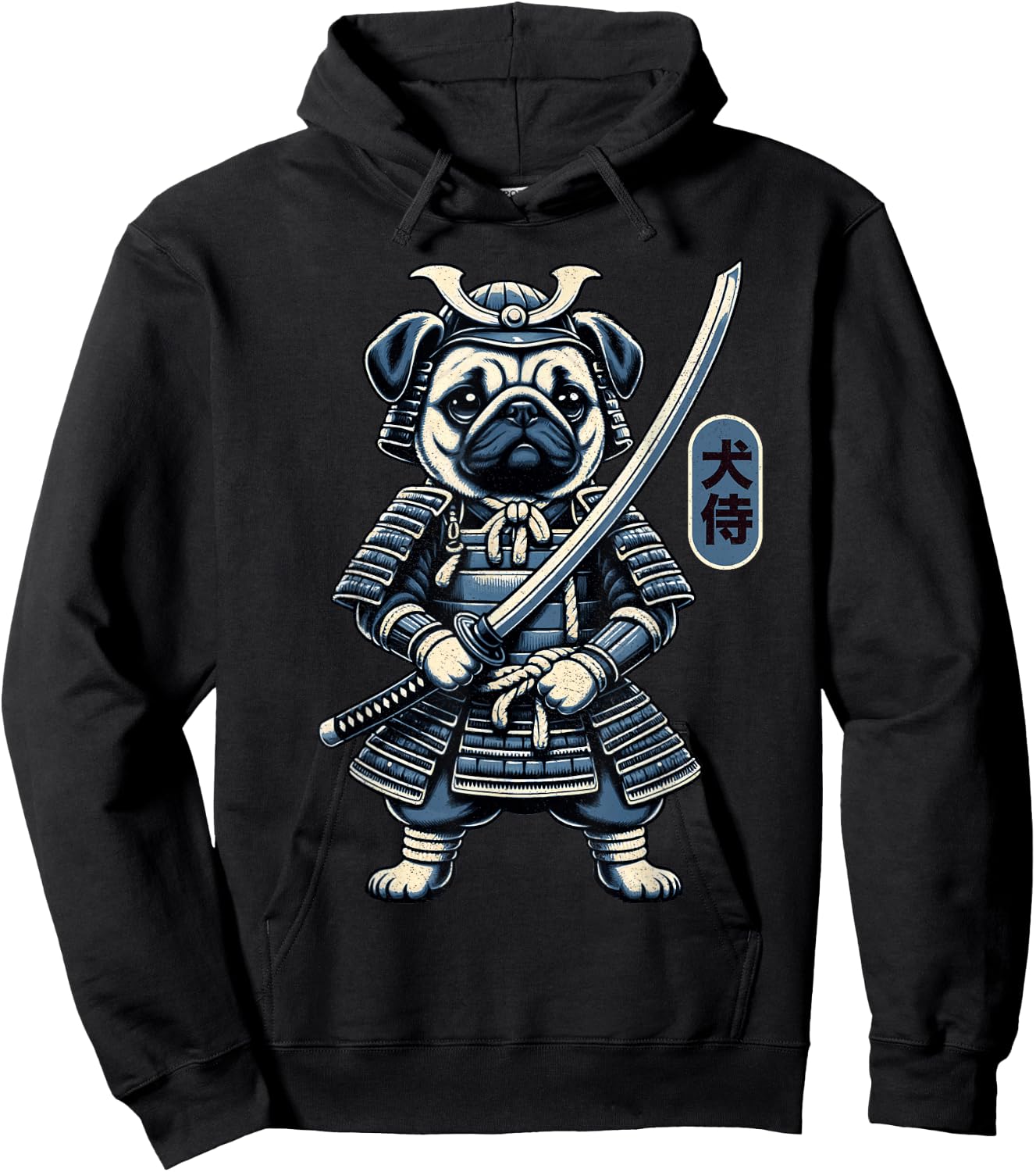 Japanese Samurai Dog Tattoo, Pug Dog Kawaii Ninja Men Women Girls Kids Hoodie - Hoodie | Black