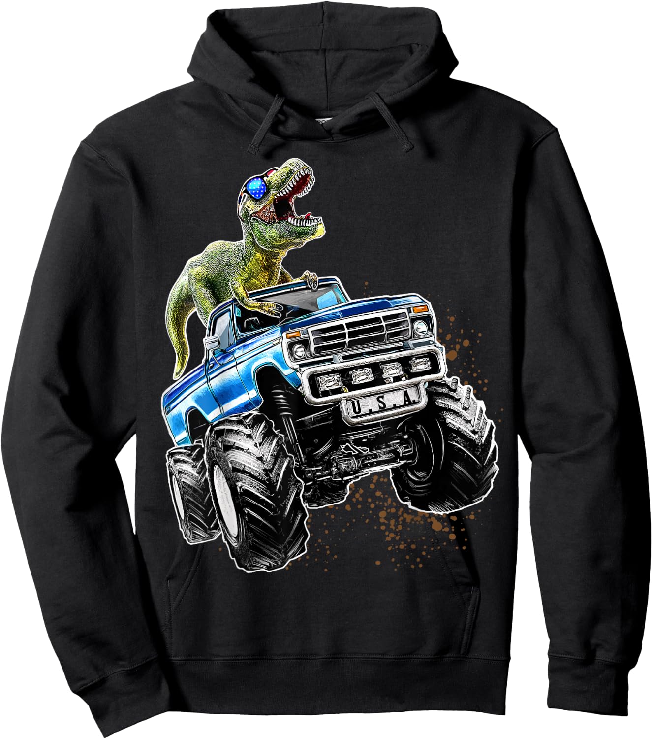 T Rex Dinosaur Monster Truck Patriotic Birthday Gift Boys Hoodie - Hoodie | Black
