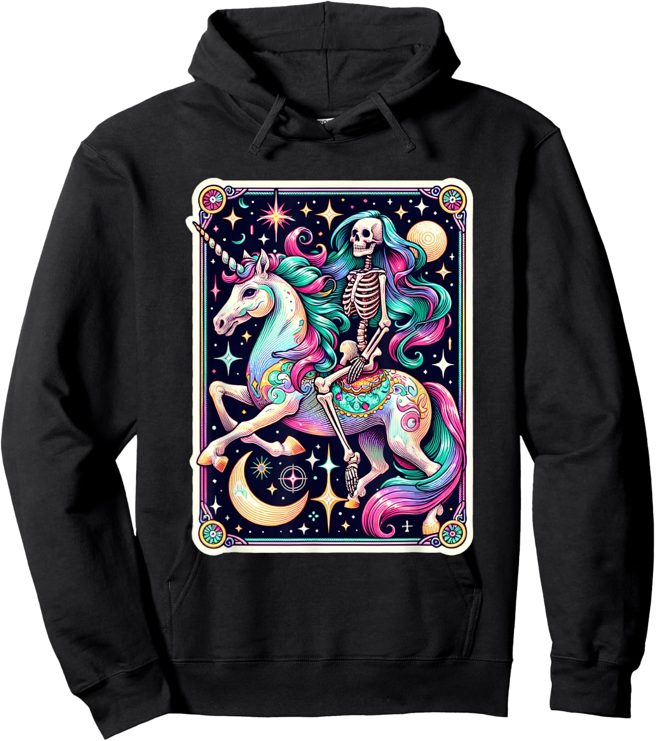 Skeleton Riding Unicorn Tarot Card Celestial Fantasy Art Hoodie - Hoodie | Black