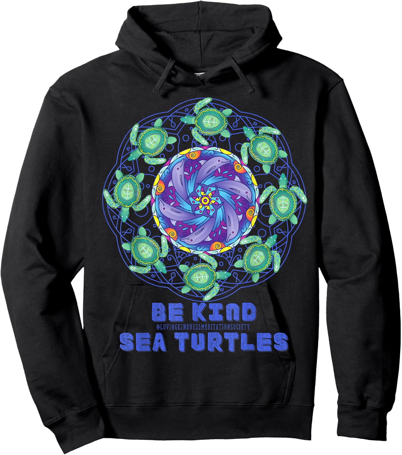 Sea Turtle Dolphins Mandala Ocean Surf Beach Loving Kindness Hoodie - Hoodie | Black