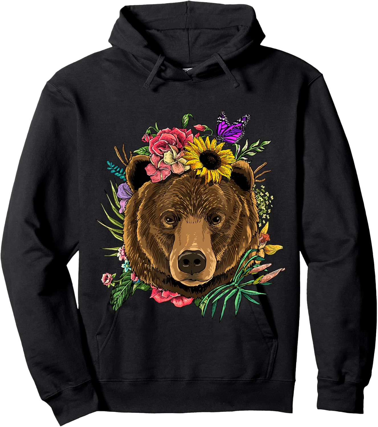 Bear Shirt Nature Floral Grizzly Bear Face Animal Bear Lover Hoodie - Hoodie | Black