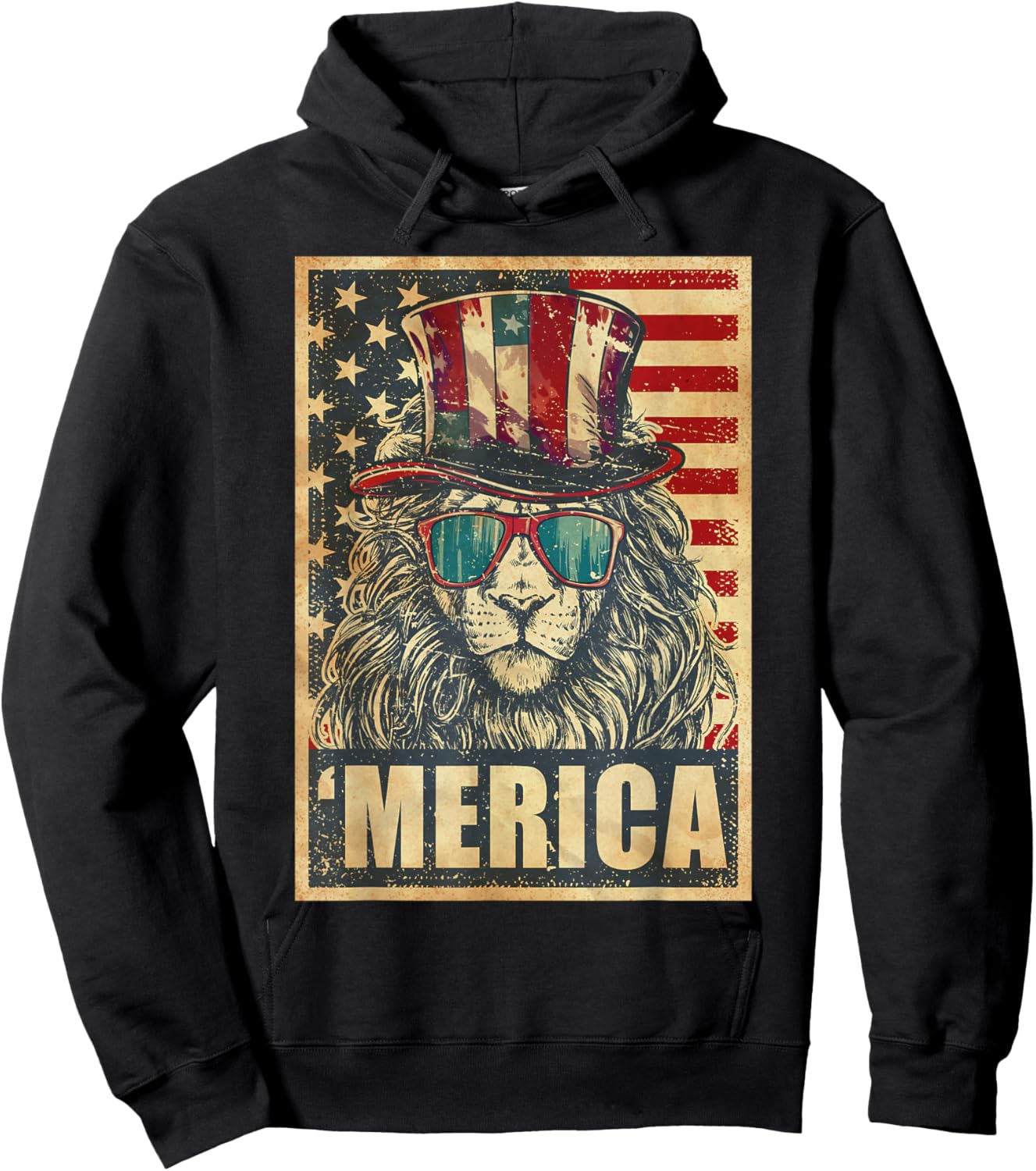 Lion Merica Vintage American Flag 4th Of July Hoodie - Hoodie | Black