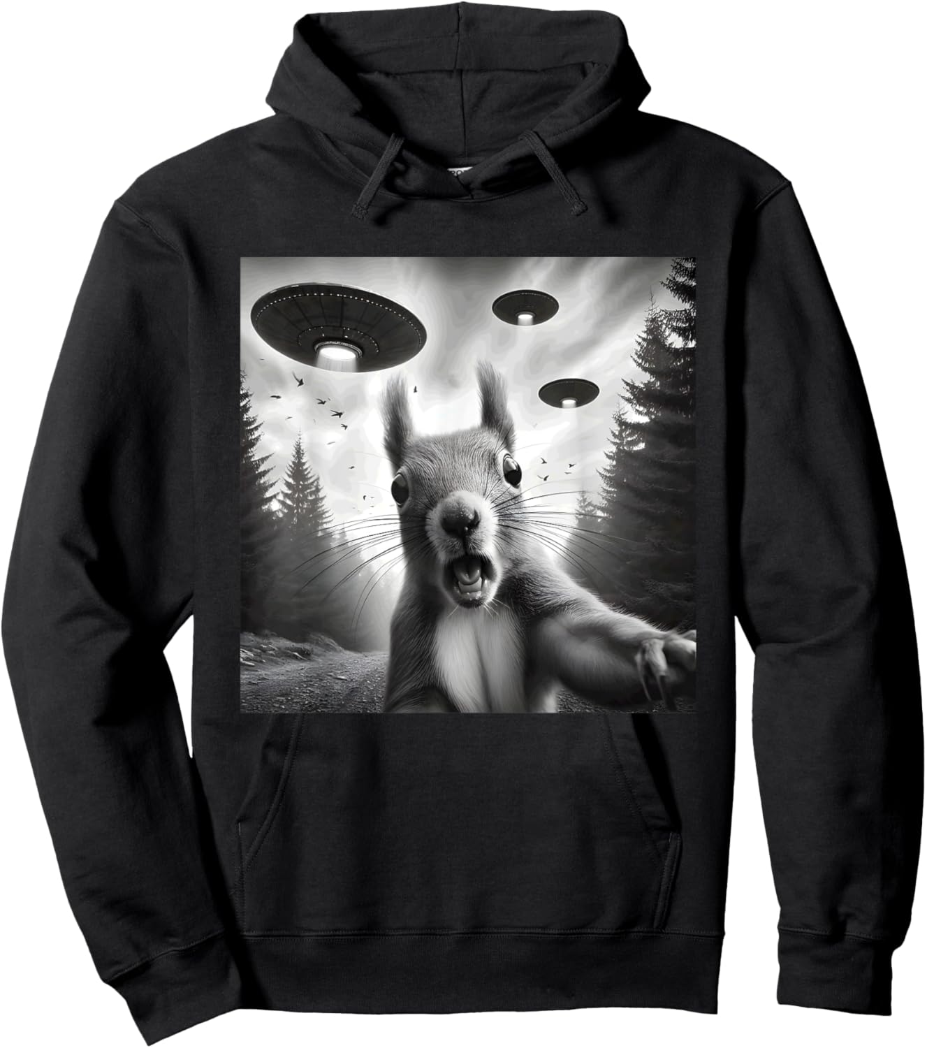 Squirrel Sci-Fi Funny Graphic Selfie with UFOs Weird Aliens Hoodie - Hoodie | Black
