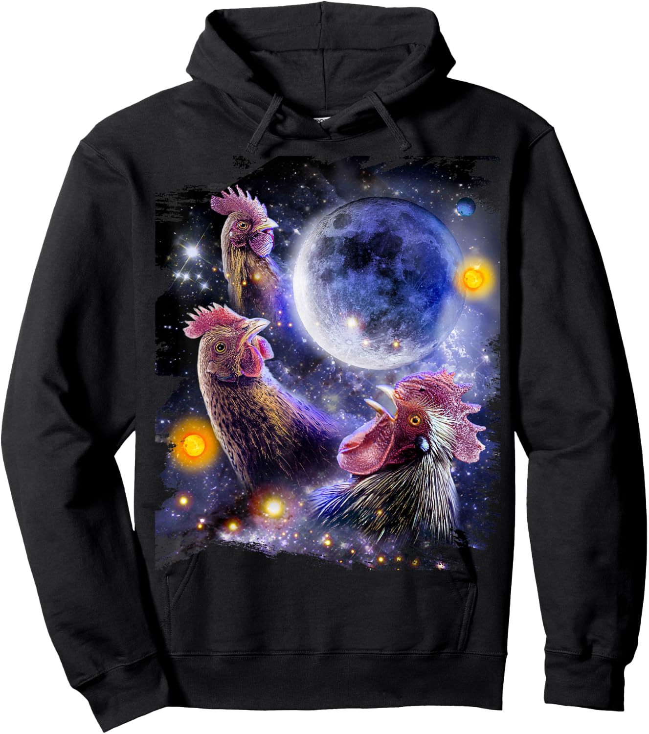 3 Three Chicken Moon, Cosmic Wolf Chickens Howling Hoodie - Hoodie | Black