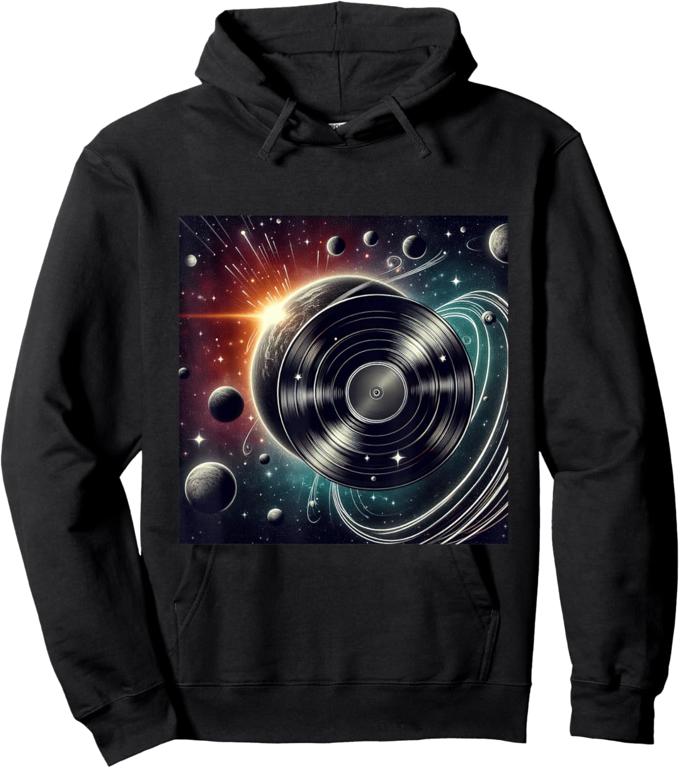 Vinyl Record Orbiting Through Space Cosmic Impact Hoodie - Hoodie | Black