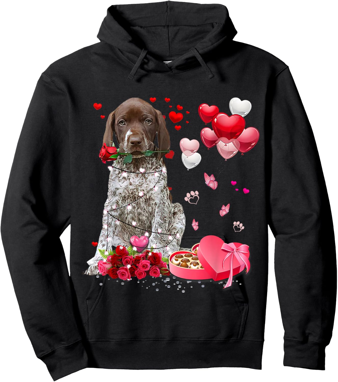 Funny German Shorthaired Pointer Rose Heart Happy Valentine Hoodie - Hoodie | Black