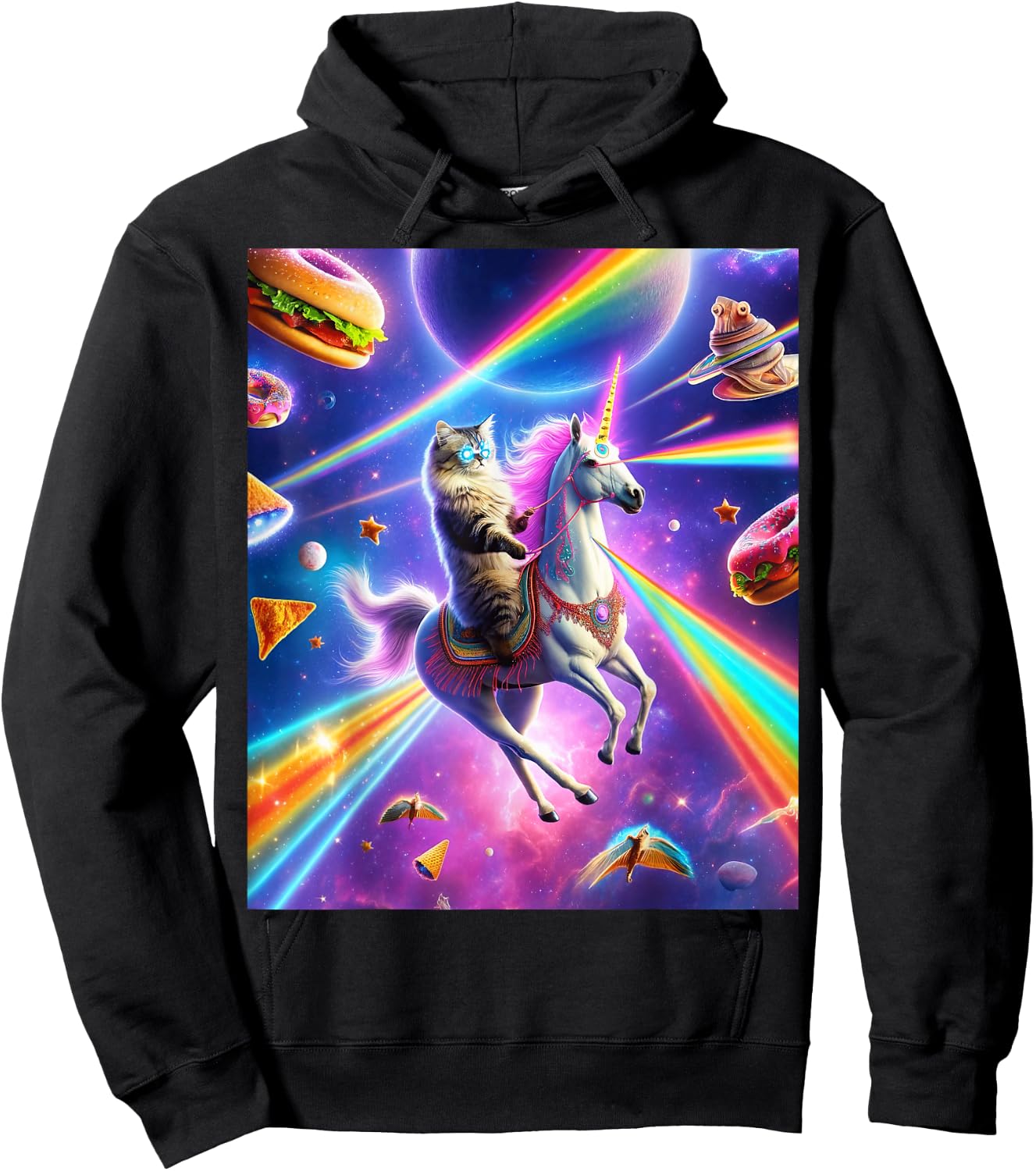 Laser Eyes Outer Space Cat Riding Llama Unicorn Ufo Tacos Men Women Hoodie - Hoodie | Black