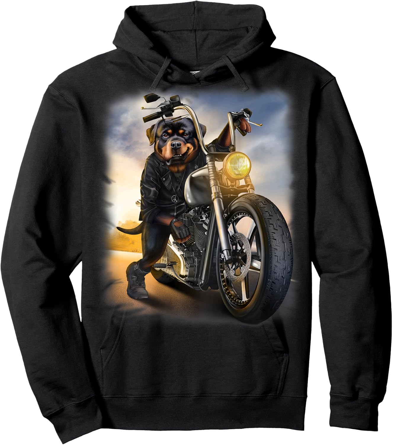 Rottweiler Dog Biker Riding Motorcycle at Sunset Hoodie - Hoodie | Black