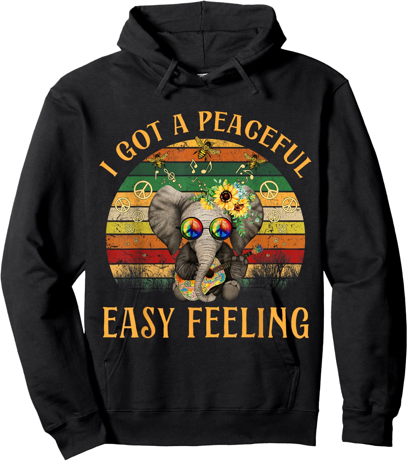 Hippie Peace I Got A Easy Peaceful Feeling Elephant Guitar Hoodie - Hoodie | Black