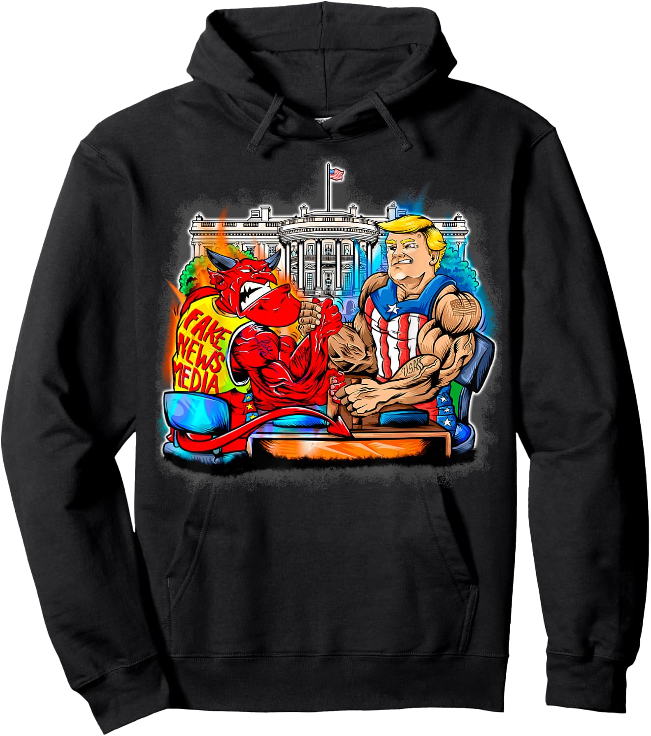 Donald Trump Arm Wrestling Satan Fake News Media Gift Hoodie - Hoodie | Black