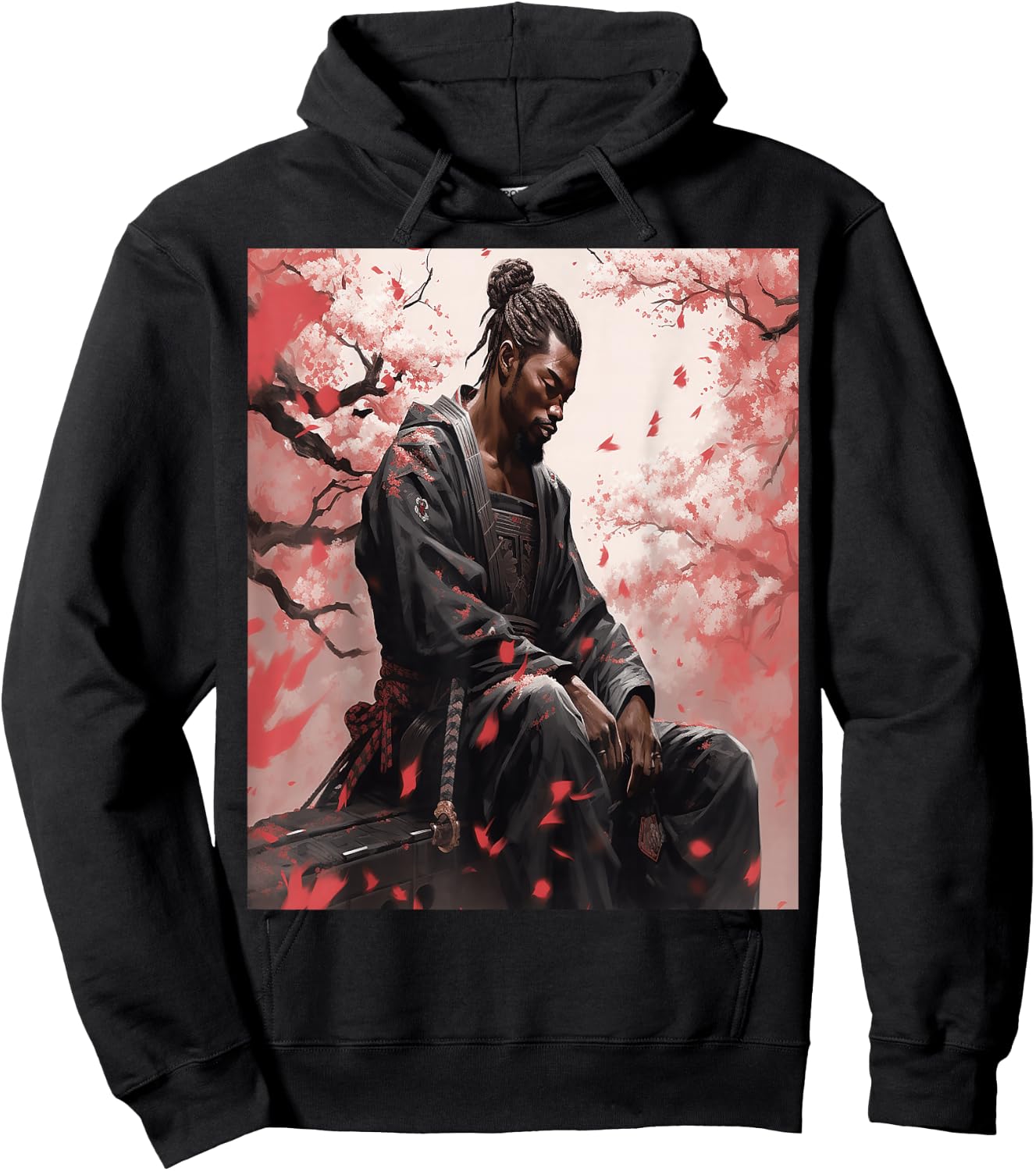 Black Samurai African Yasuke Meditating Under Cherry Blossom Hoodie - Hoodie | Black