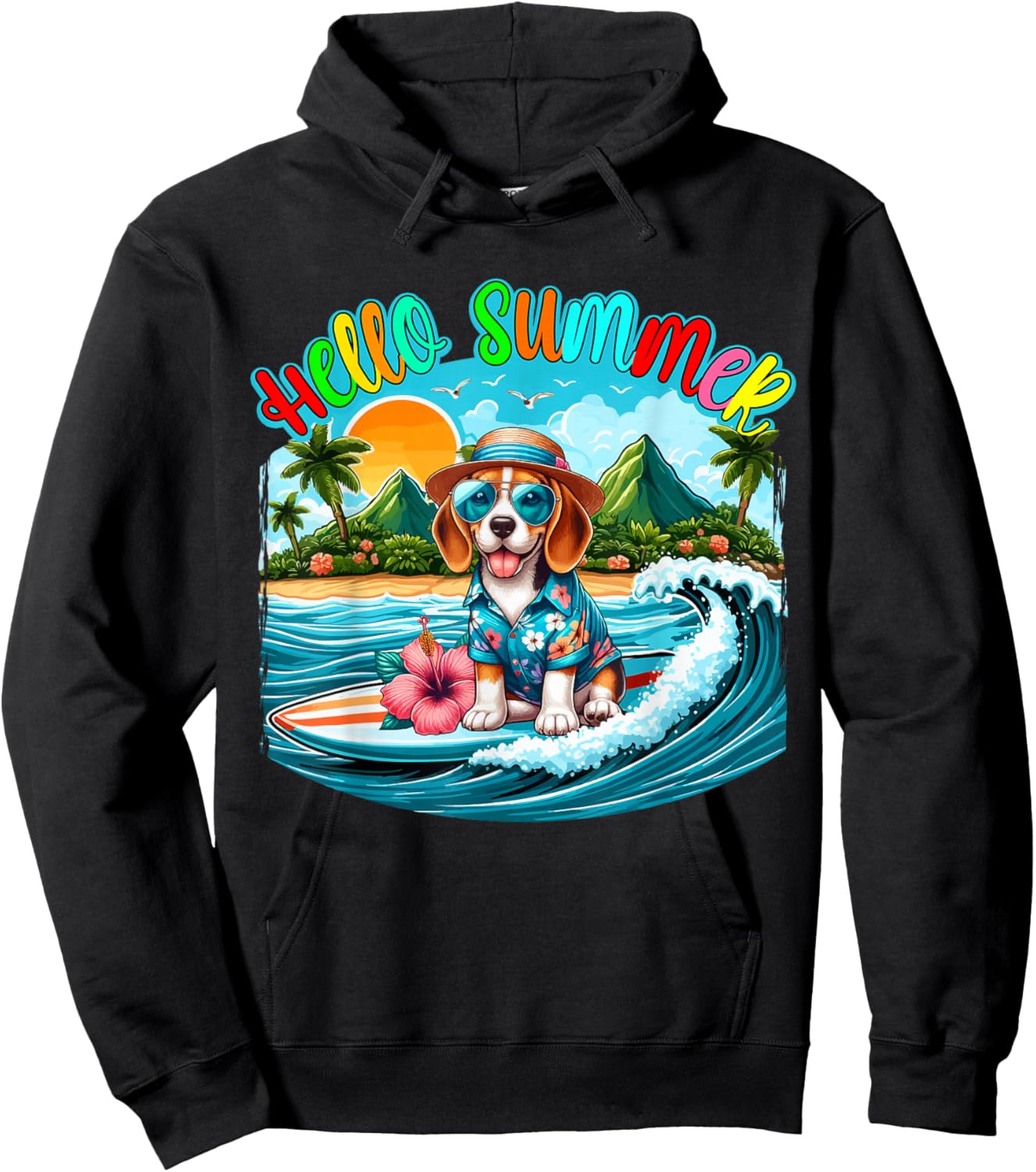 Summer Costume Beagle Sunglasses Surfing On Beach Surfer Hoodie - Hoodie | Black