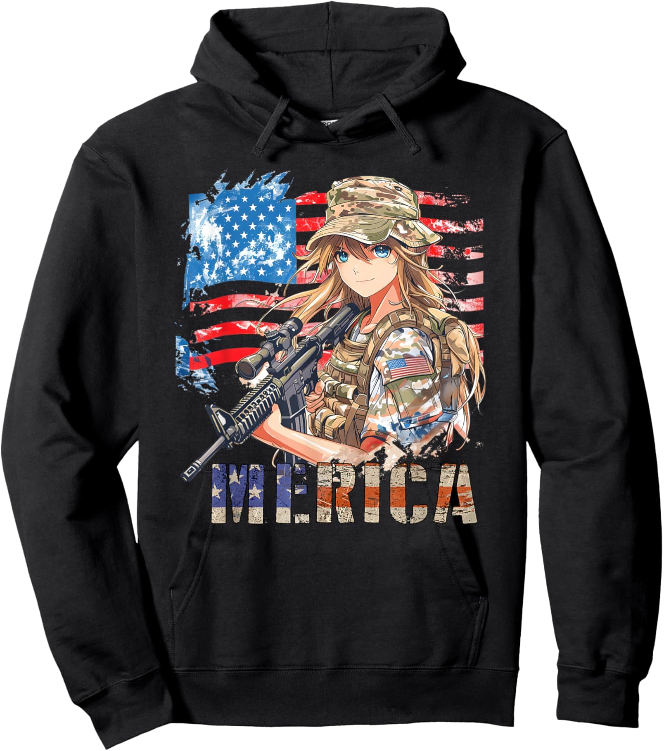4th Of July Military Anime Girl Patriotic Kid Women US Flag Hoodie - Hoodie | Black