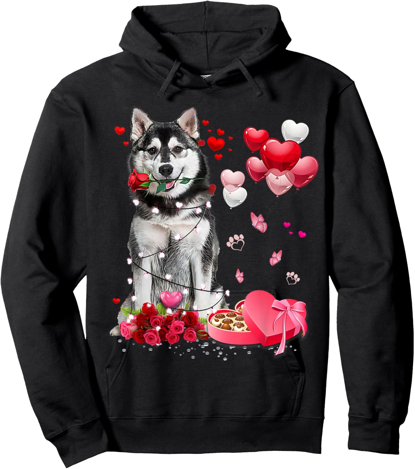 Funny Husky Rose Heart Happy Valentine Day Dog Mom Hoodie - Hoodie | Black